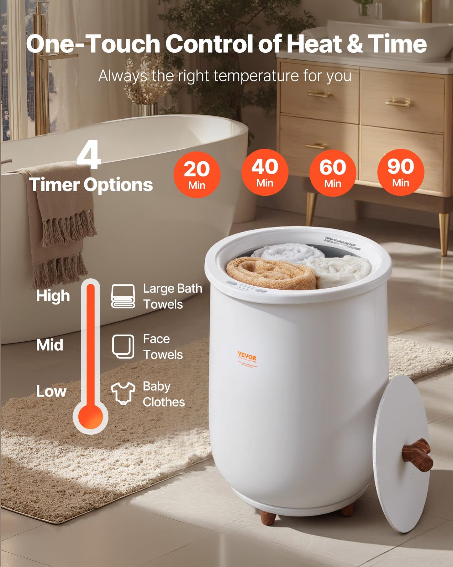 VEVOR Towel Warmers for Bathroom, Towel Warmer Bucket Auto Shut Off for Spa Fits up to 3 Oversized Towels, Blankets, Clothes, Bathrobes, PJ's and More