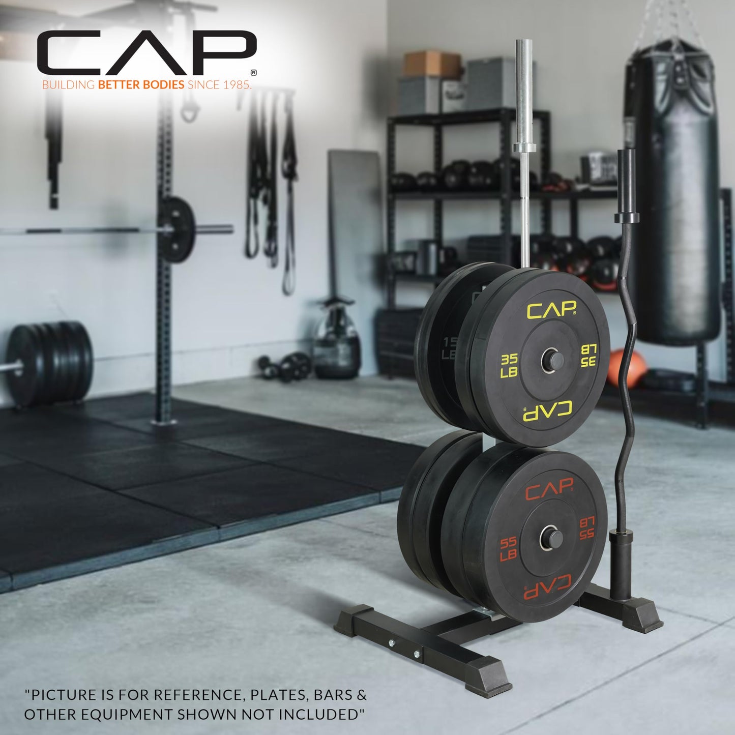 CAP Barbell Olympic Bumper Plate Tree Rack with 4 Weight Plate Posts and 2 Barbell Storage Holders – Heavy-Duty Steel Gym Organizer for Olympic Plates and Bars - Gray