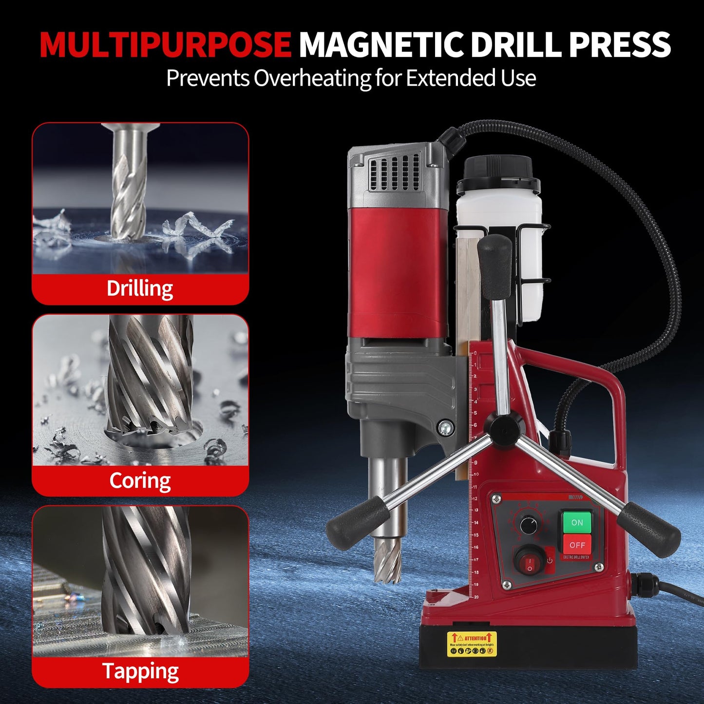 1.57 Inch Magnetic Drill Press, 210mm Max Stroke, 13000N Magnetic Force, 1550W 820RPM Portable Electric Mag Drill Machine for Metal Drilling, Industrial Grade with Drill Chucks & Annular Cutters Kit