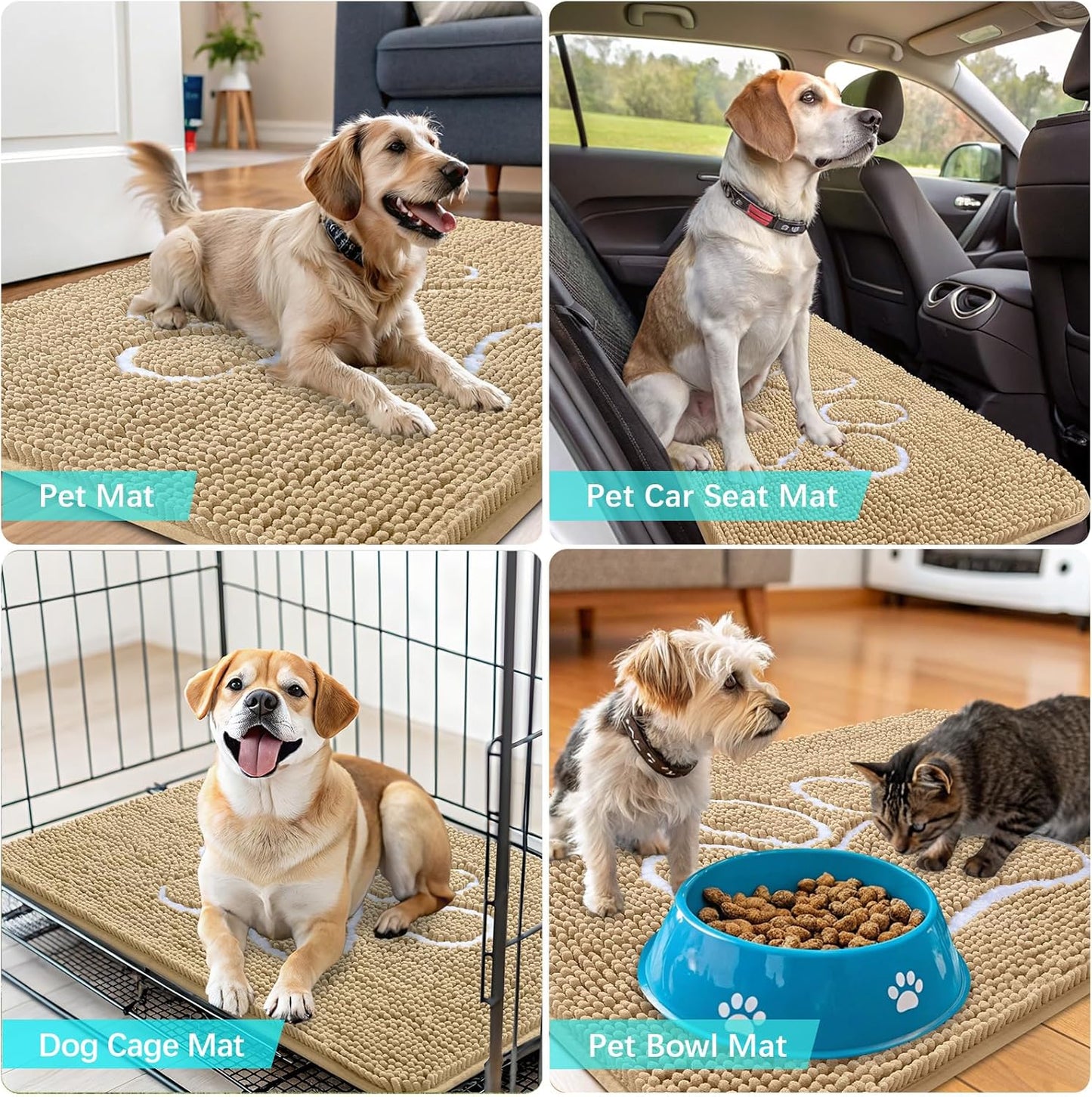 OLANLY Dog Door Mat - Absorbent Non-Slip Mud Mat for Muddy Paws | 47x24 Paw Print Design, Quick Dry Beige