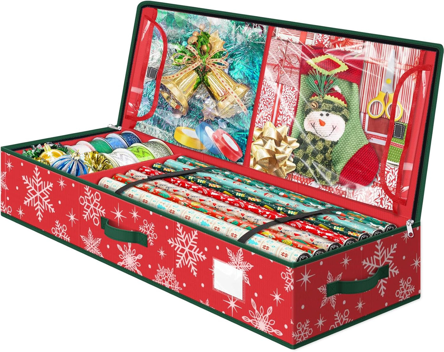 StorageRight Wrapping Paper Organizer - Holiday Gift Storage Box for Snowflake/Red Paper Ornaments