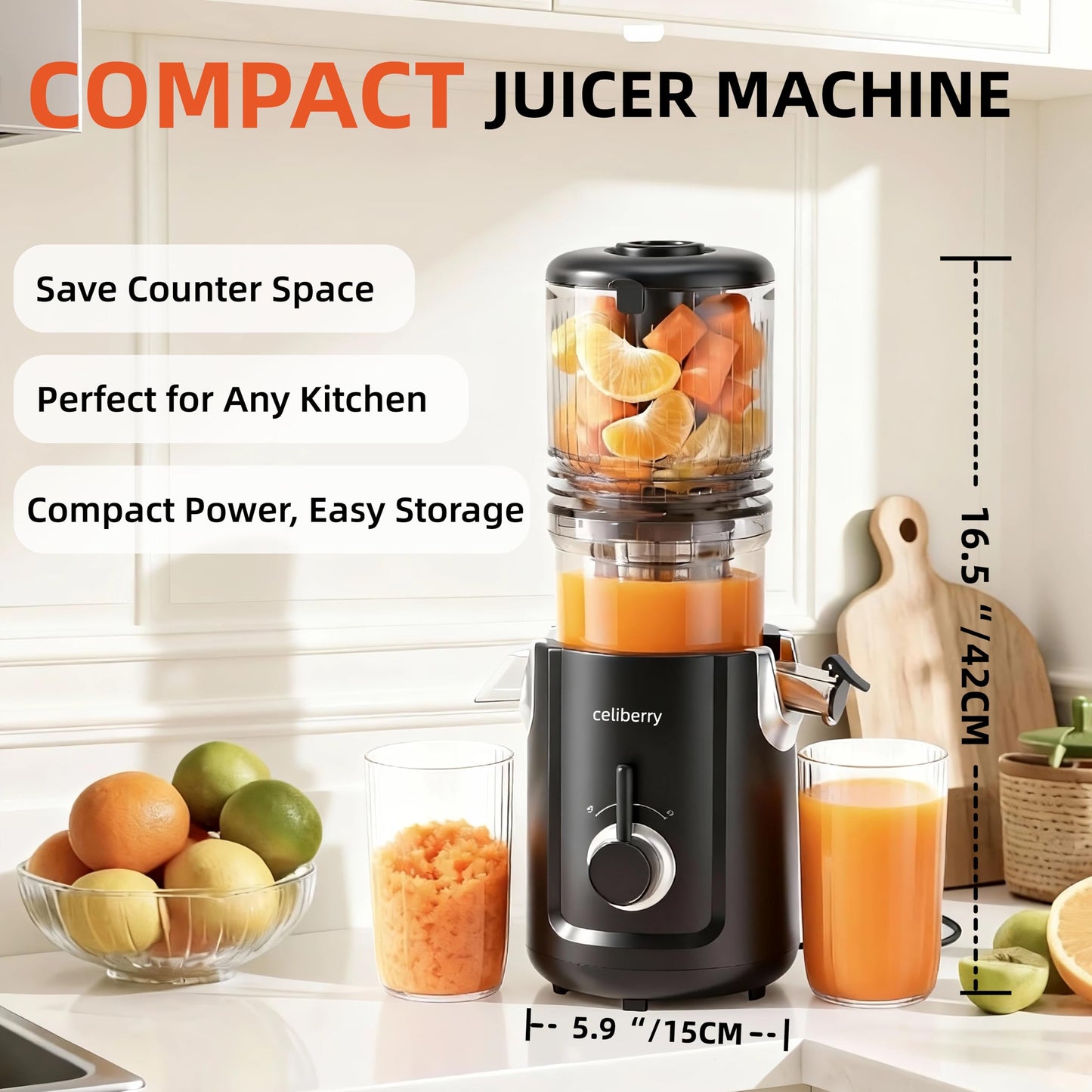 celiberry Cold Press Juicer Machines, 5.3” Large Feed Chute Slow Masticating Juicer for Whole Fruits & Vegetables, Easy Clean, 300W Quiet Juice Extractor, 99% High Juice Yield, Black
