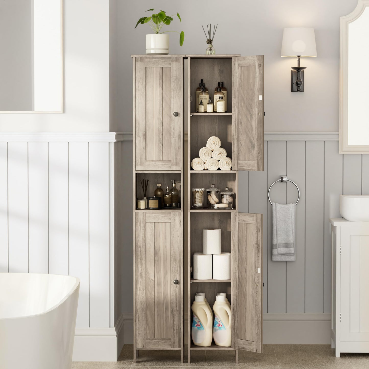 Homleke Tall Bathroom Storage Cabinet with 2 Doors, 67"H Narrow Storage Cabinet with Adjustable Shelves& Anti-Tip Design, Reversible Door Installation, Easy Assembly, 11.8 x 11.8 x 66.9 Inches, Greige