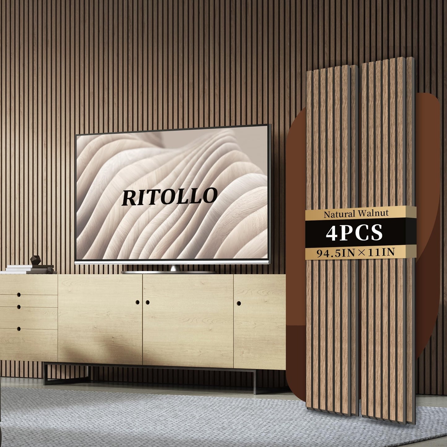 RITOLLO 4-Piece Wood Slat Panels for Wall 94.5"×11" Acoustic Panels for Interior Wall Decor 3D Fluted Sound Absorbing Panel - Natural Walnut