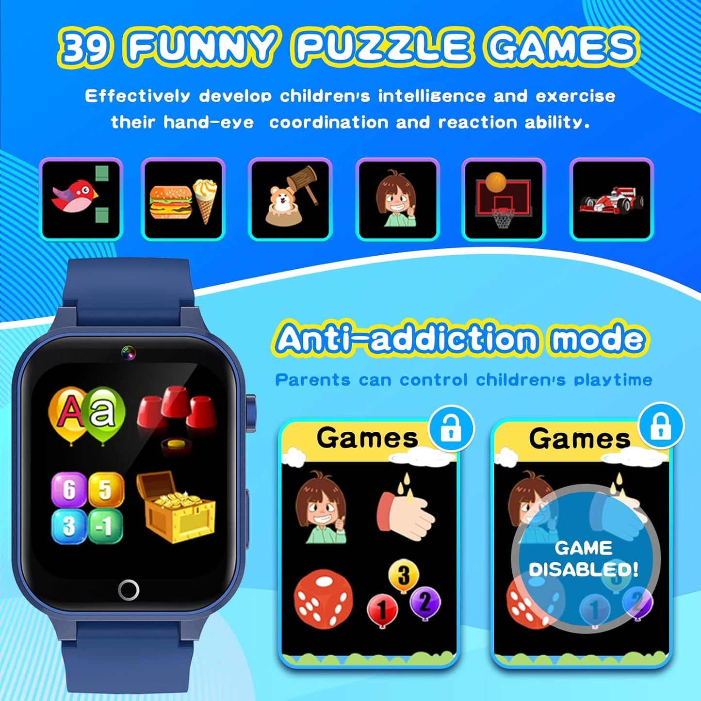 Cosjoype 39 MP3 12/24 4-12 Upgrade Kids Smart Watch for Kids with Puzzle Games HD Camera Video Player Habit Tracking