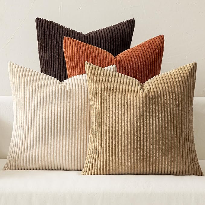 MIULEE Boho Farmhouse Throw Pillow Covers 20x20 Inch Set of 4 Rustic Mordern Neutral Cushion Covers Soft Corduroy Nordic Home Decor for Couch Bed Sofa Living Room Chocolate Brown/Rust