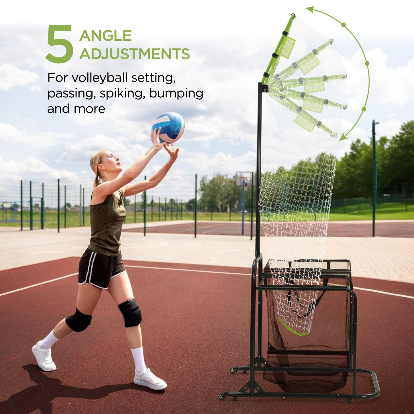 Volleyball Setter Training Equipment Volleyball Setting Trainer Setter Net with 2 Target Hoop Size 5 Angle and Height Adjustments Ball Collection Bag