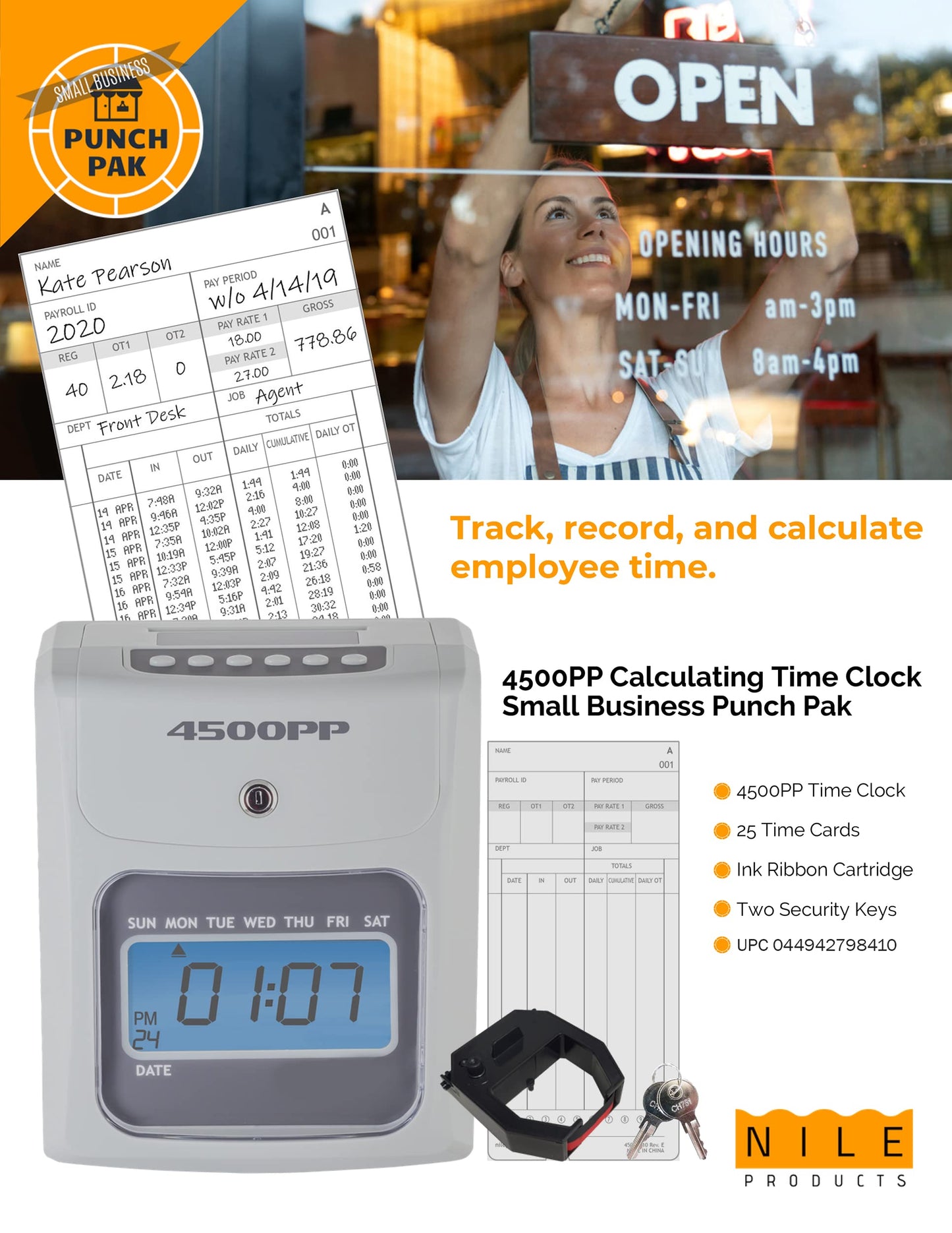 Nile Products - 4500PP Electronic Calculating Time Clock, Employees in/Out Time Tracker, Small Business Punch Pack Bundle Includes: 25 Time Cards,1 Ink Ribbon and 2 Security Keys
