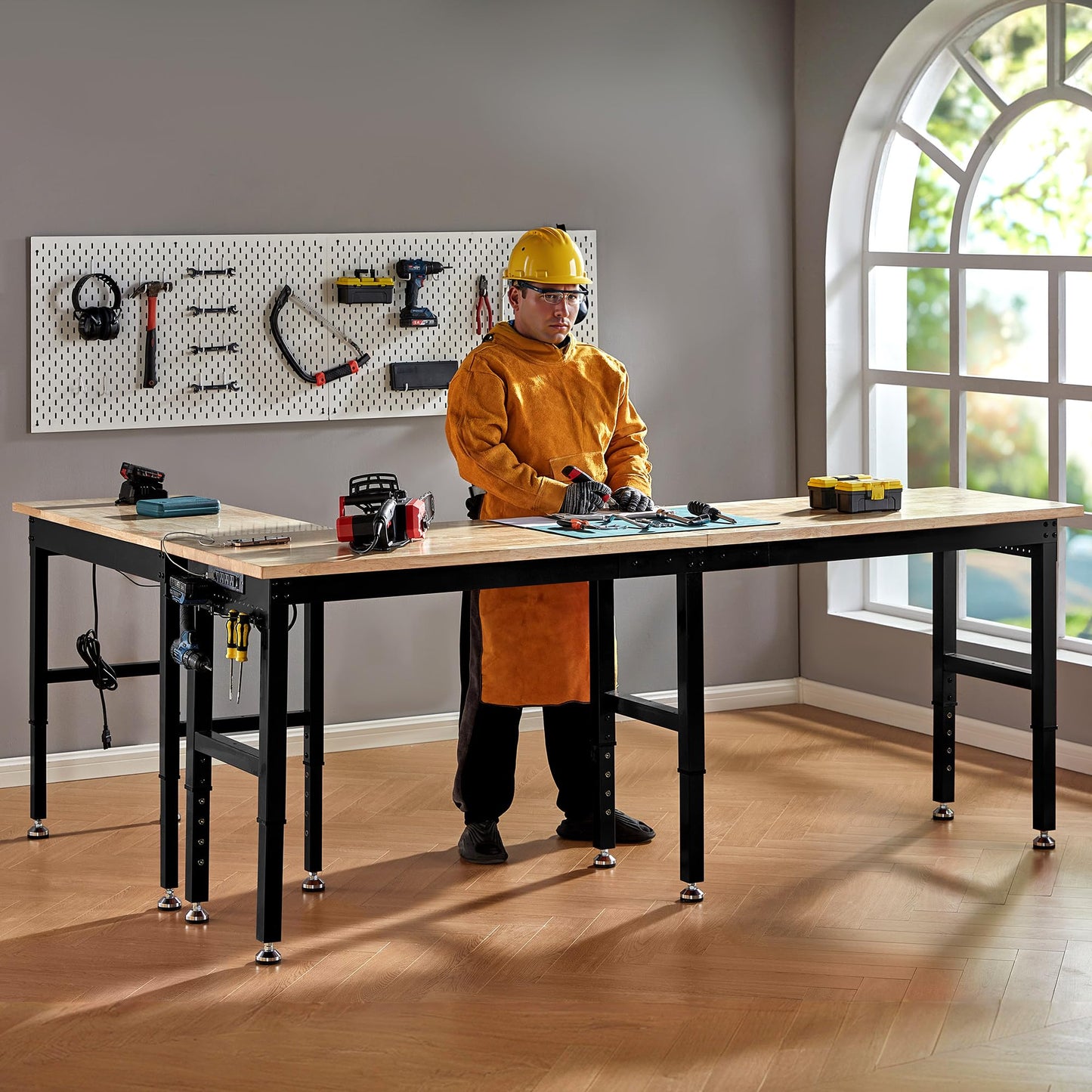 Albott 96x24 in Adjustable Workbench with Power Outlets, 6000 LBs Heavy Duty Wood Workbench with Hooks, Solid Rubber Wood Top for Garage, Workshop, Woodworking, Home Office