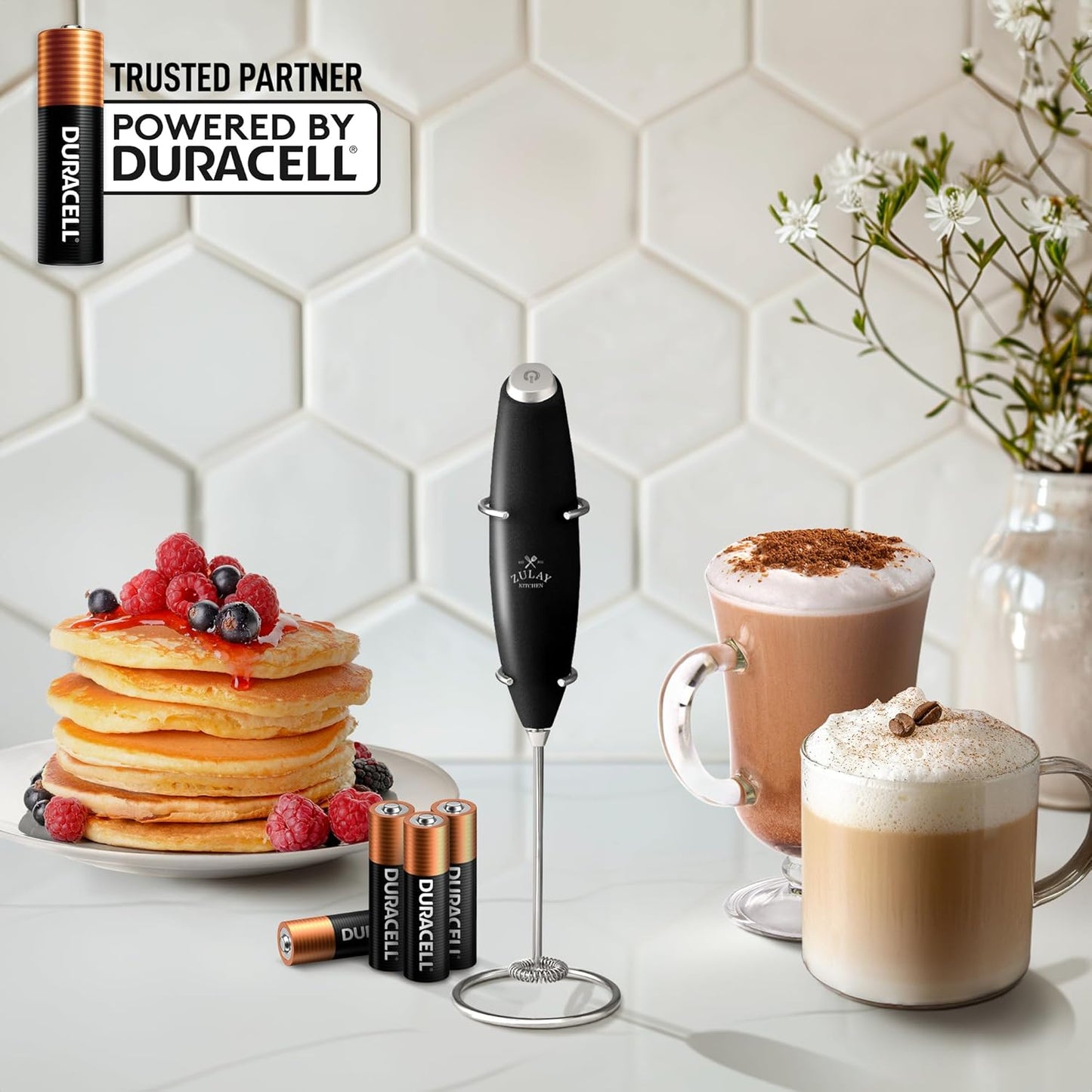 Zulay Kitchen Milk Frother Wand - Ultra-Fast Handheld Electric Whisk for Coffee & Lattes - Metallic Black