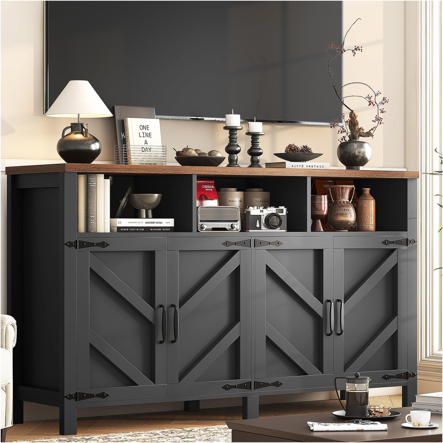 knoworld Buffet Sideboard with Storage Farmhouse with 4 Doors, 55'' Large Kitchen Storage Cabinet Wood Coffee Bar Cabinet Buffet Table with Shelves for Kitchen, Dining Room, Entryway (Black, 55 in)