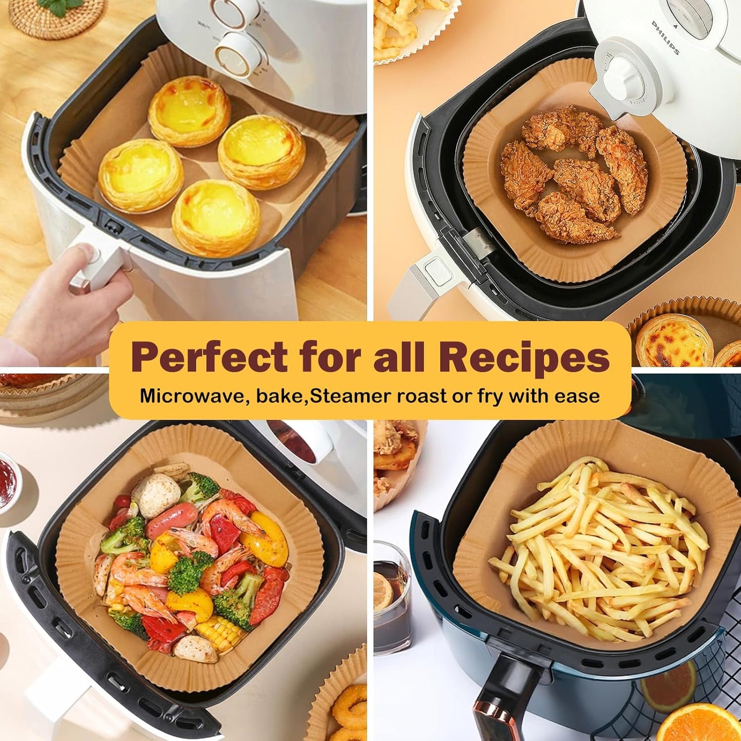 Skiennix Air Fryer Paper Liners - 375 Pcs Heavy-Duty Non-Stick Parchment for 5-8 Qt Air Fryers | 8" Square Size