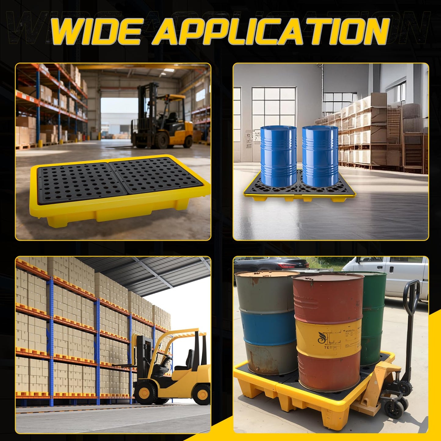 2 Drum Spill Containment Pallets with Drain & Forklift Pockets, Leakproof Platform for Garage, Basement, Industrial Storage (1 Pack, 48" x 24" x 4", 4400lbs Load Capacity, 11.89 Gallon Sump)