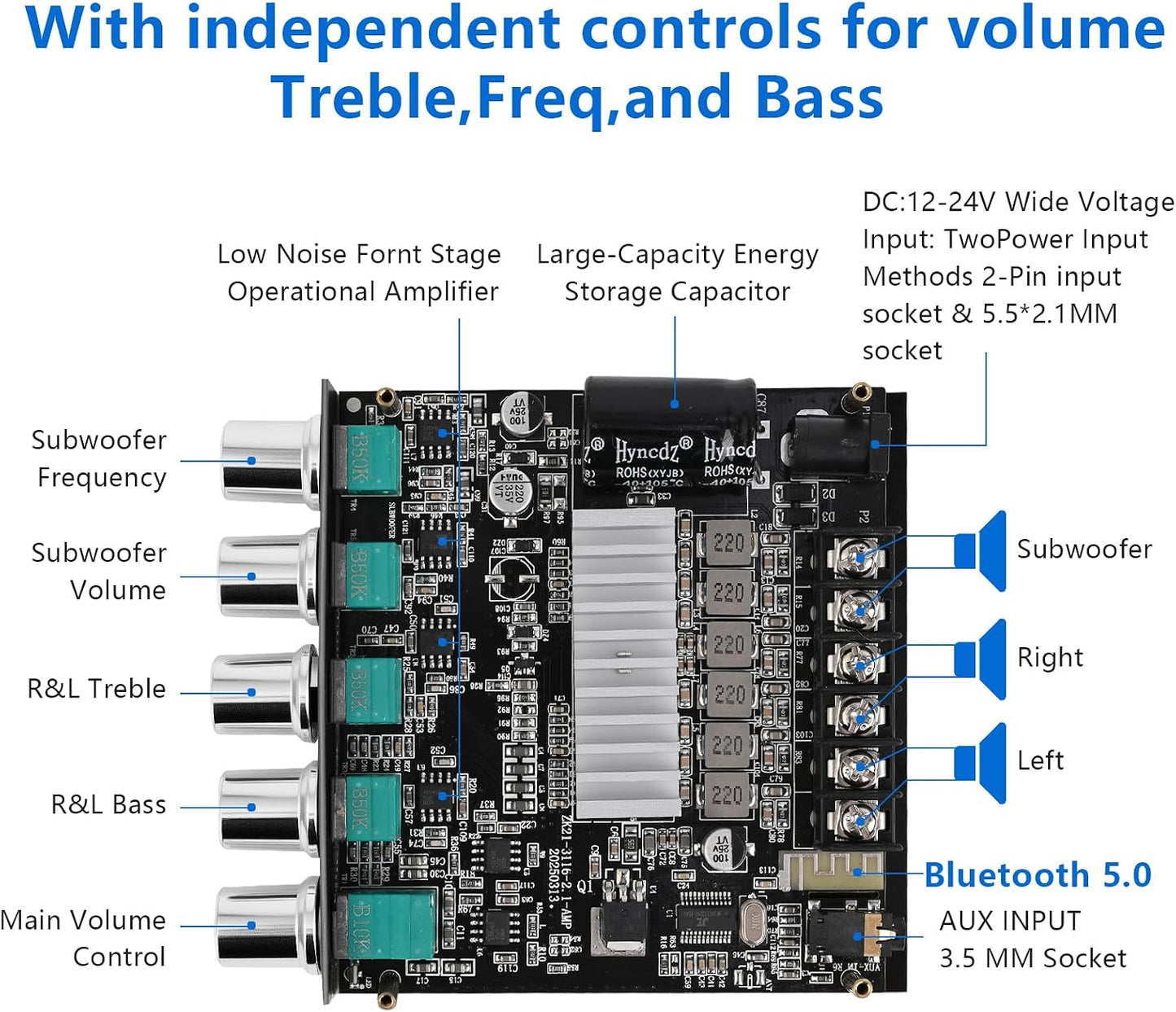 Romicta 2.1 5.0 200W 12-24V Channel Bluetooth Amplifier Board HiFi Subwoofer Audio AMP with Treble Freq and Bass