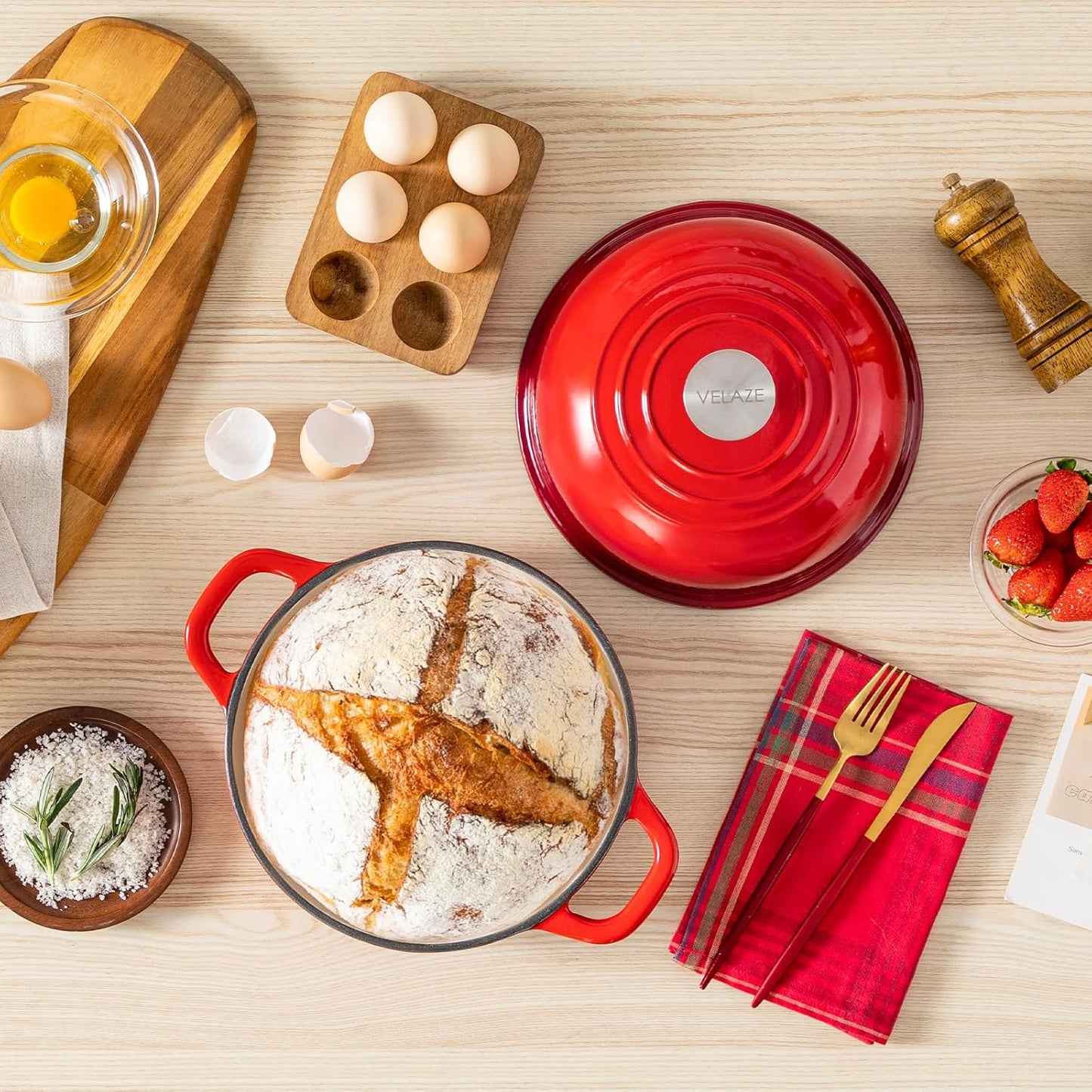 Velaze Enameled Cast Iron Dutch Oven - 5 QT Round Bread Pot with Dome Lid for Sourdough & Roasting (Red)