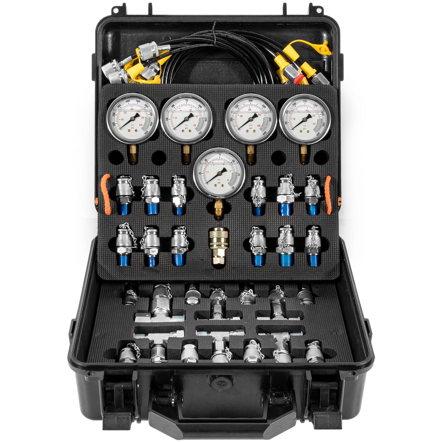yourour Hydraulic Pressure Test Kit, 150/1500/3500/6000/9000 PSI, 5 Gauges, 13 Test Couplings, 14 Tee Connectors, 5 Test Hoses, with Sturdy Carrying Case for Construction Machinery Excavator