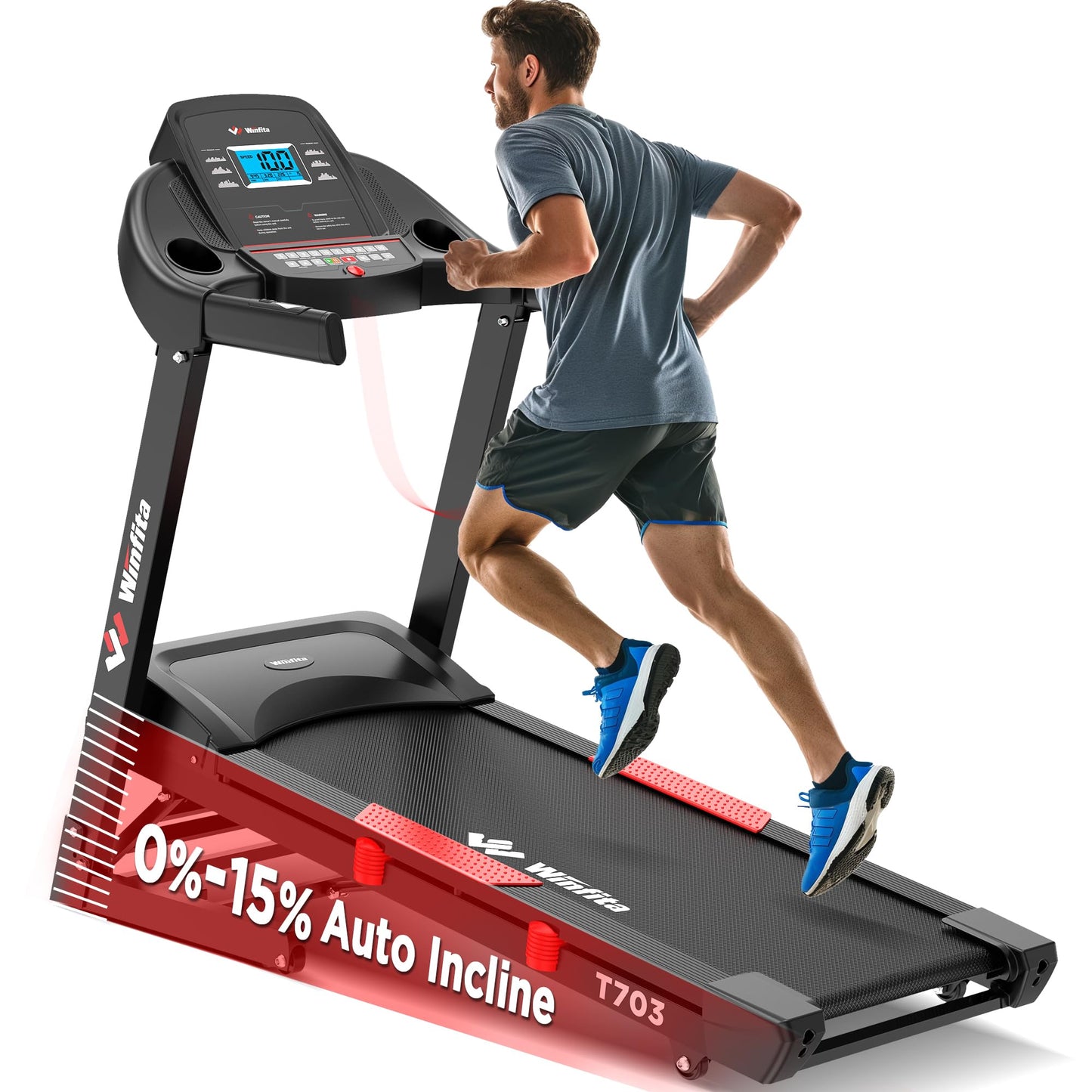 Winfita 4.0 HP Folding Treadmill with 15% Auto Incline (8.5°), 10 MPH Speed, 300 lb Capacity, 50" x 18" Belt, App Connectivity, Pause Function, 64 Preset Programs, BMI Detector for Home Use