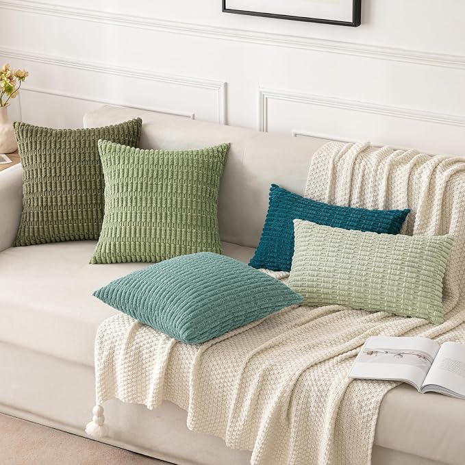 MIULEE Pack of 2 Corduroy Decorative Throw Pillow Covers 20x20 Inch Soft Boho Striped Pillow Covers Modern Farmhouse Home Decor for Summer Sofa Living Room Couch Bed Teal Green