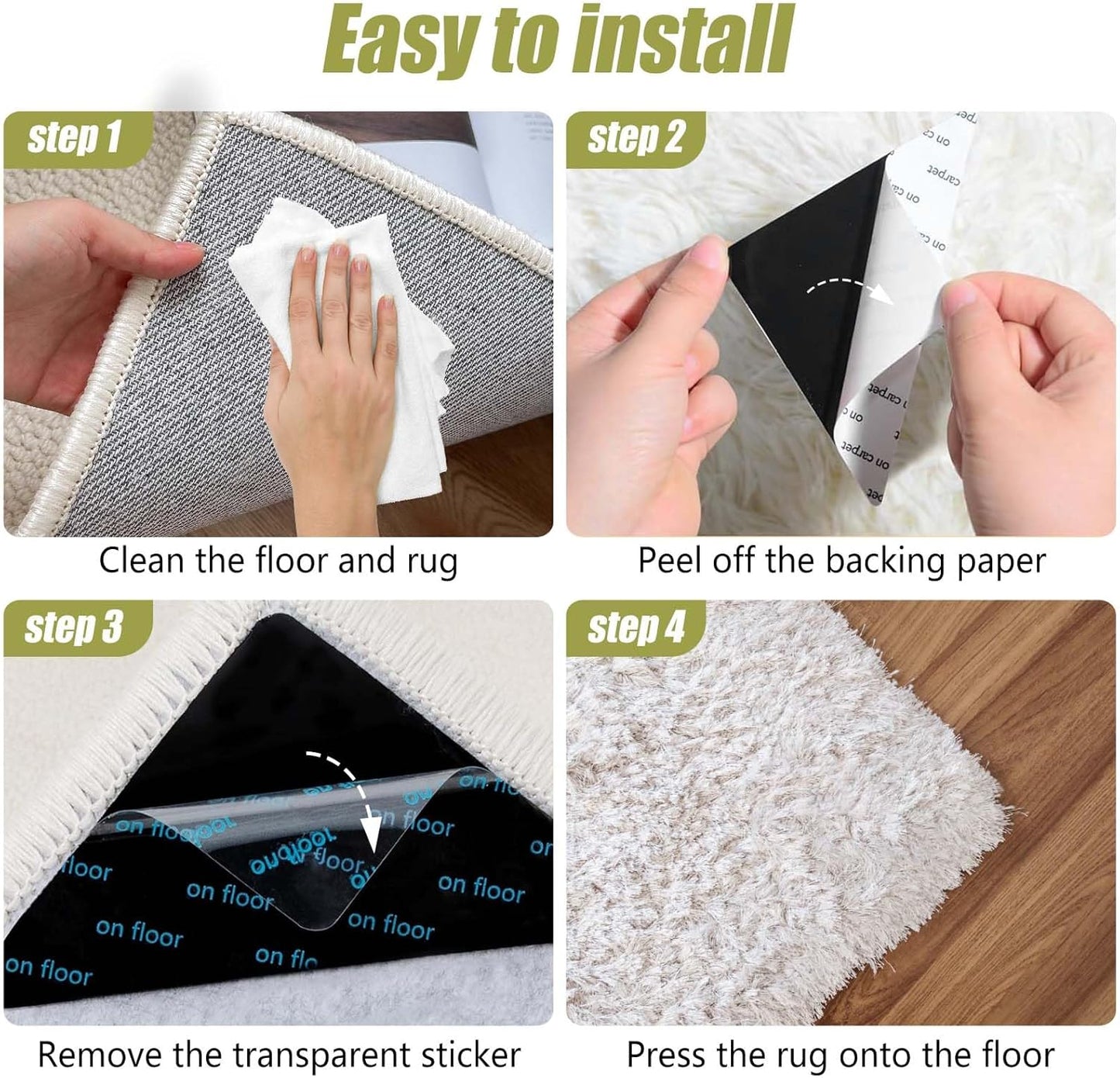 Skiennix Non-Slip Carpet Tape - 12 Pcs Double-Sided Adhesive Rug Stickers for Hardwood Floors | No Residue, BPA-Free