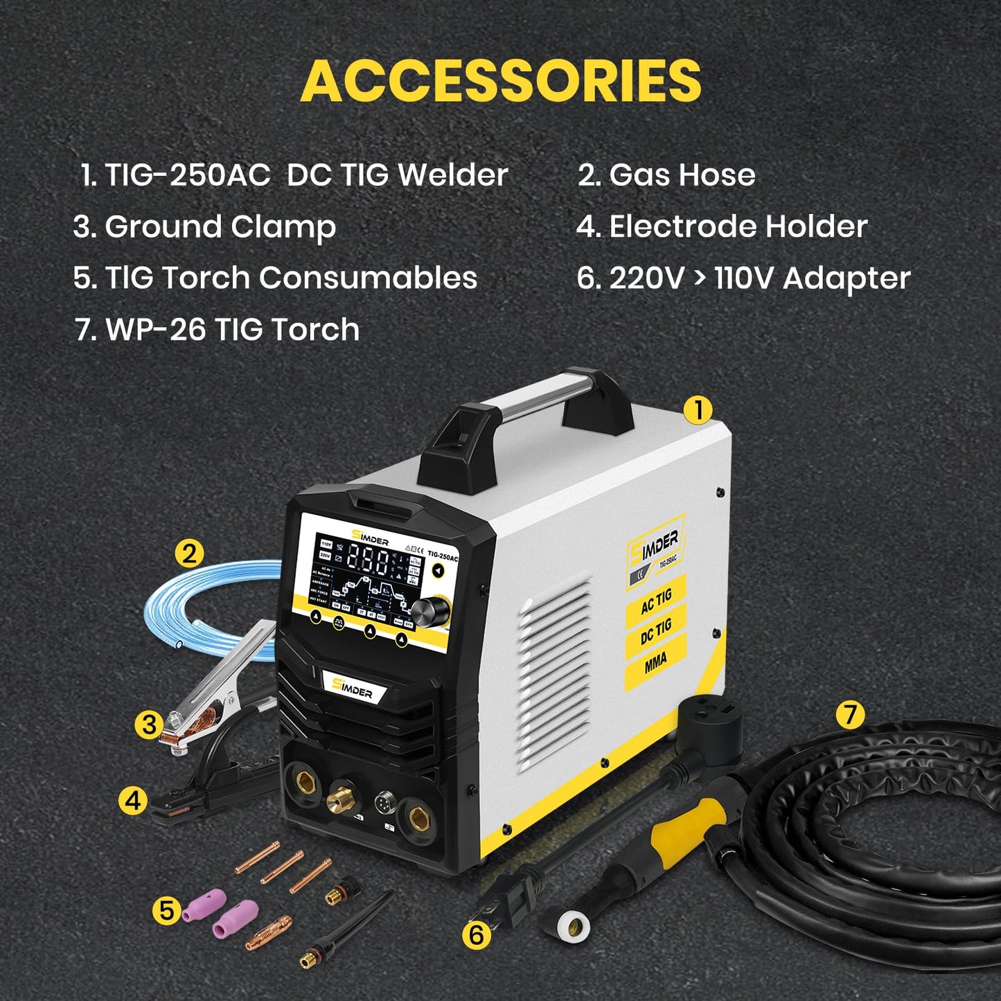 SSimder 250A 6-in-1 AC/DC Pulse TIG Welder – Aluminum Welding Machine with AC/DC TIG, Pulse TIG, Spot TIG, Stick & Dual Voltage, for Home, Garden, Maintenance & DIY