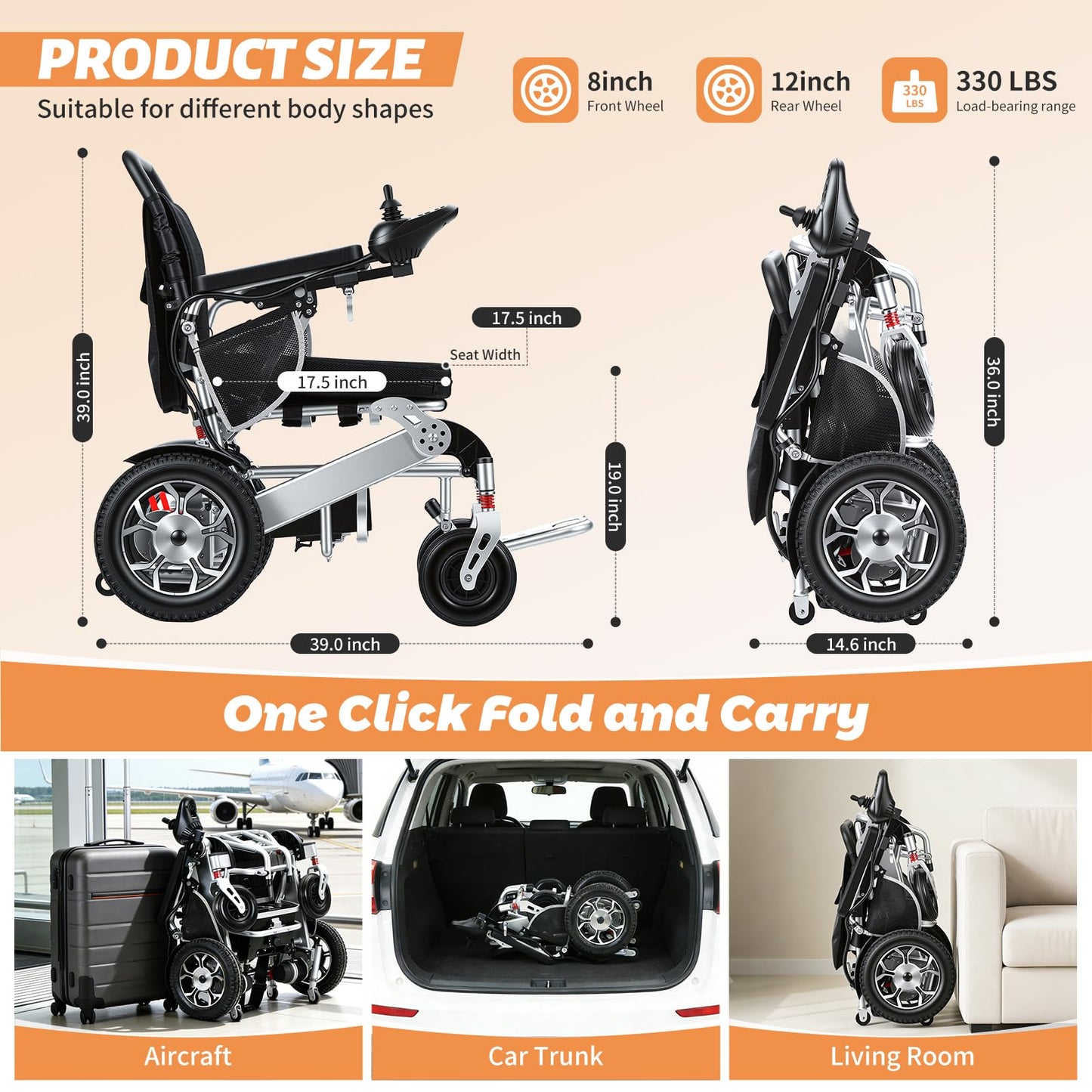 Electric Wheelchairs for Adults, 15 Miles Long Travel Range, Foldable Power Wheelchair, 500W Motors, Motorized Wheelchair for Seniors Portable