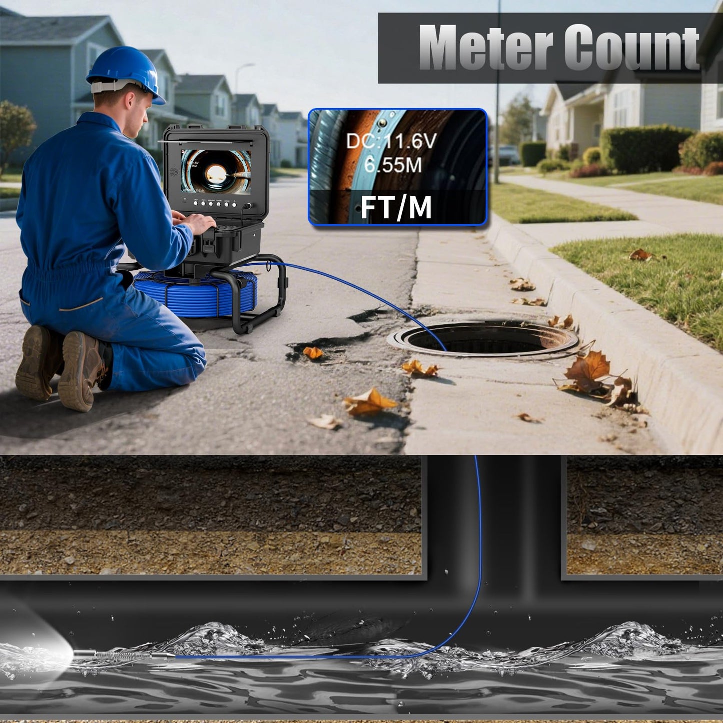 JINXINEBAY 10 Inch IPS Sewer Inspection Camera with 512Hz Locator, 1080P AHD, 50M Cable, DVR, Auto Self-Leveling, 5X Zoom, TF Card, LED Lights for Pipe/Wall/Drain (100FT/512hz Locator)