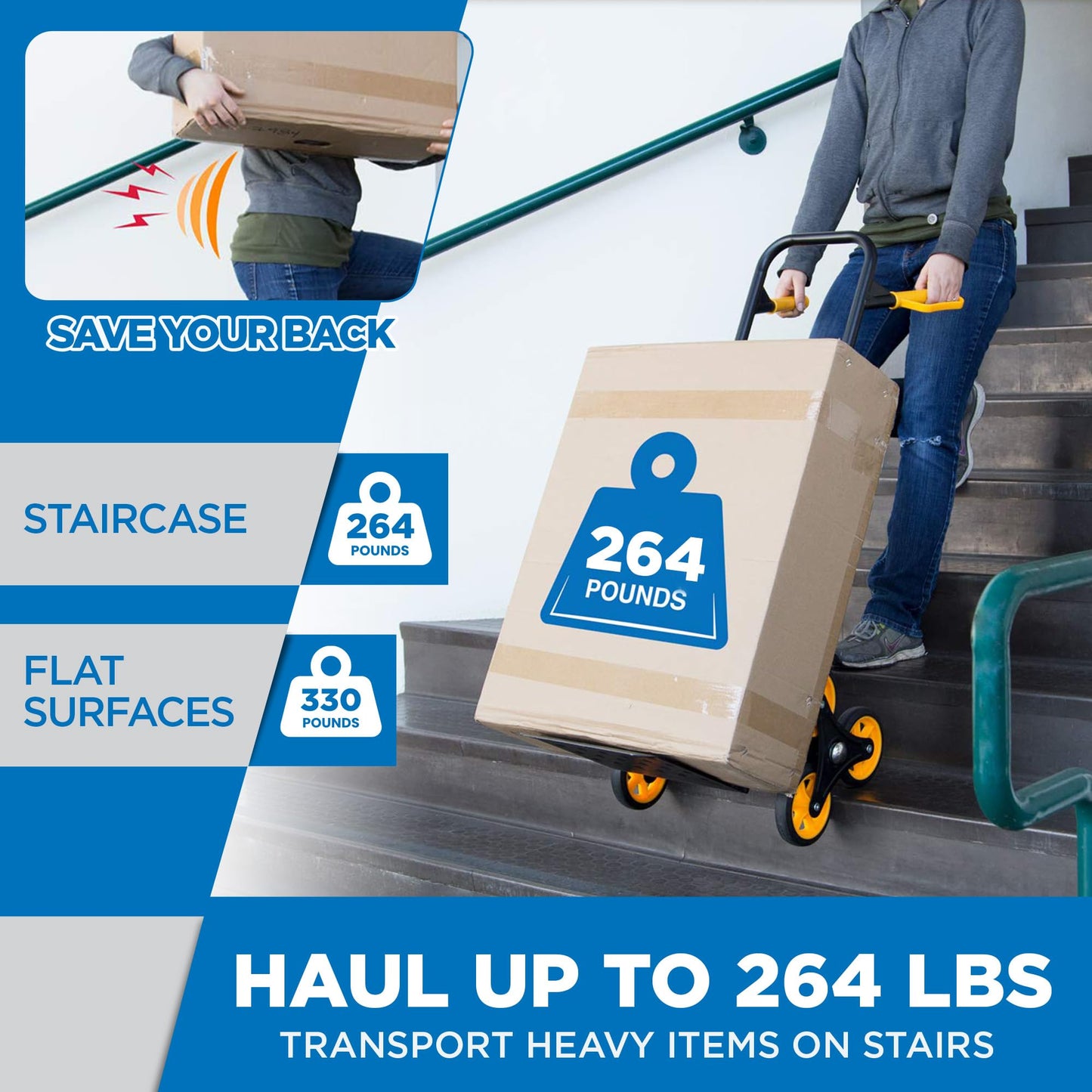 Mount-It! Stair Climbing Dolly for Moving, Heavy-Duty Hand Truck for Stairs with 6 Wheels, Folding Stair Climber Cart with Telescoping Handle, 330 lb Flat / 265 lb Stair Capacity