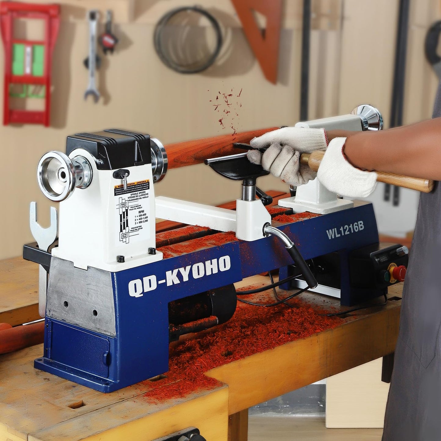 QD-KYOHO 12" X 16-1/2" Wood Lathe Machine，Variable-Speed 250-3200 RPM Digital Display Power Wood Lathes，3/4HP,120V 1PH Wood Turning Lathe,VSR Woodworking Lathe For Precision Woodworking Projects