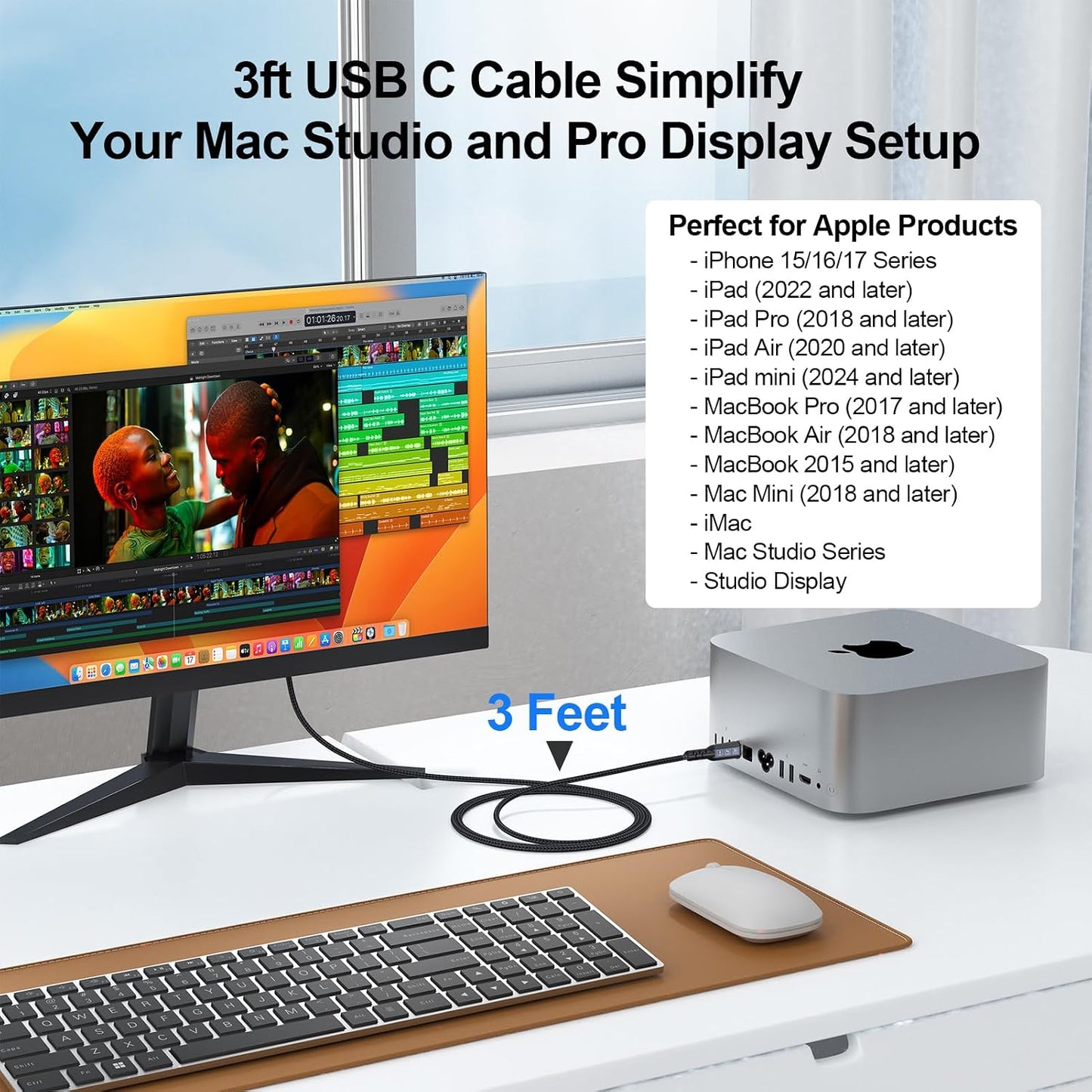 3FT, 4K@60Hz 3.2 2x2 20Gbps 100W USB C Monitor Cable Display Video, USB C Gen with High Speed Data Transfer, Fast