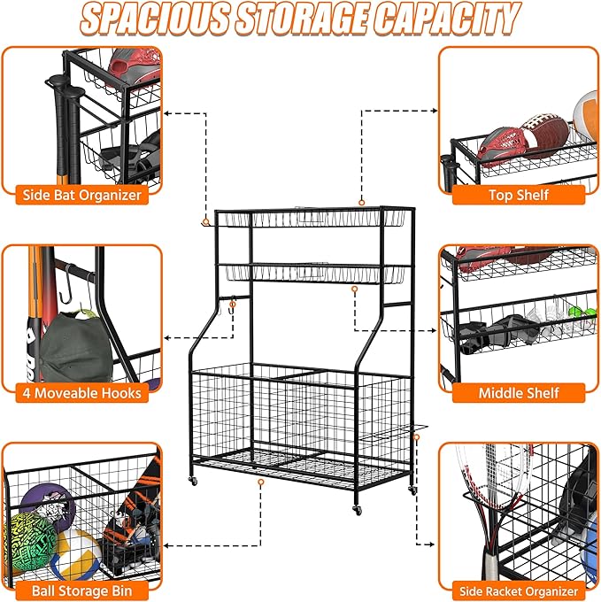 Ultrawall Sports Equipment Organizer, Large Capacity Garage Ball Storage Outdoor Toy Organizer, Ball Cart with Wheels for Football, Basketball