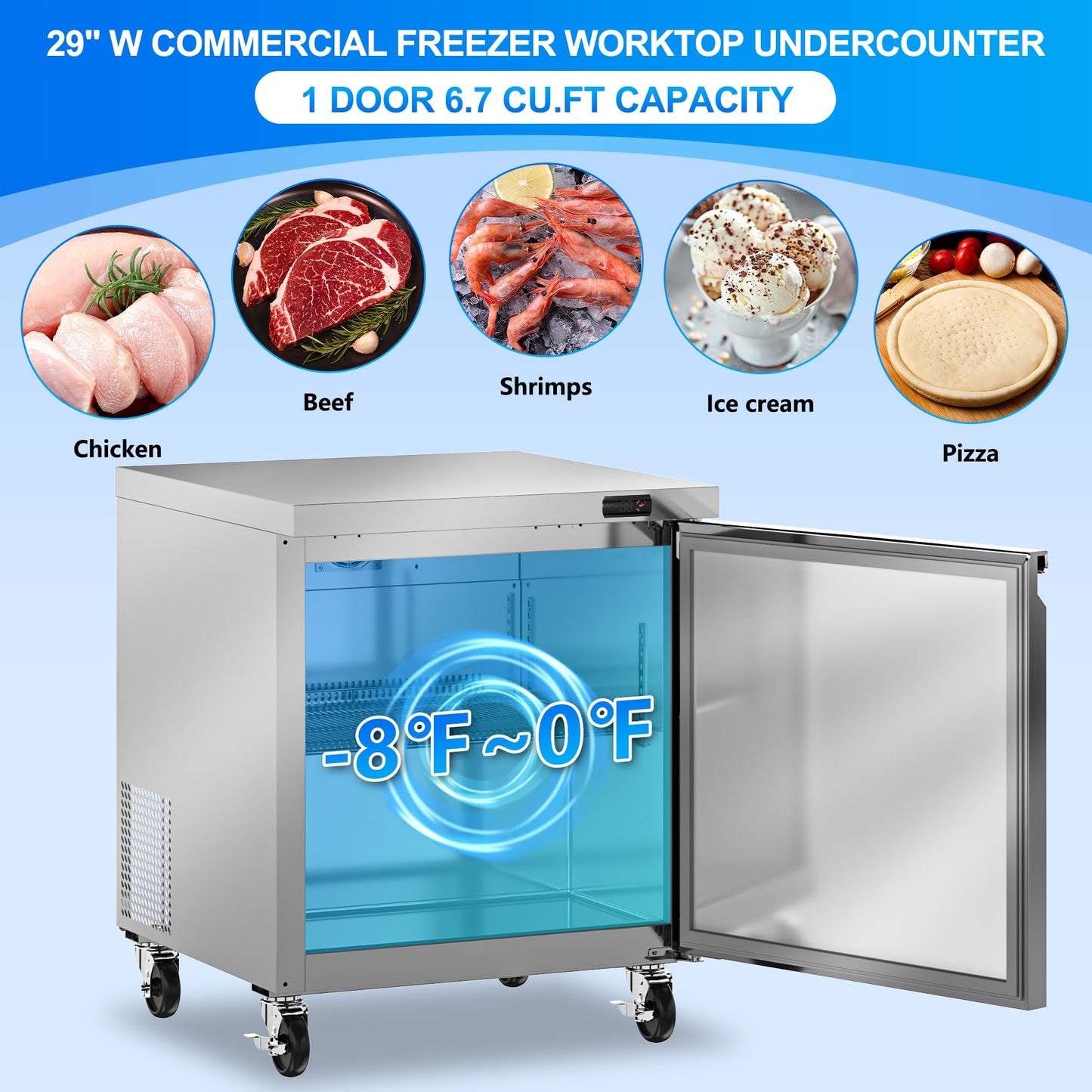 Rockitch 29" W Commercial Undercounter Freezer, 6.7 Cu.ft Stainless Steel Worktop Freezer, Single Door Fan Cooling Kitchen Fridge with Adjustable Shelves for Restaurant Food Prep, ETL Approved