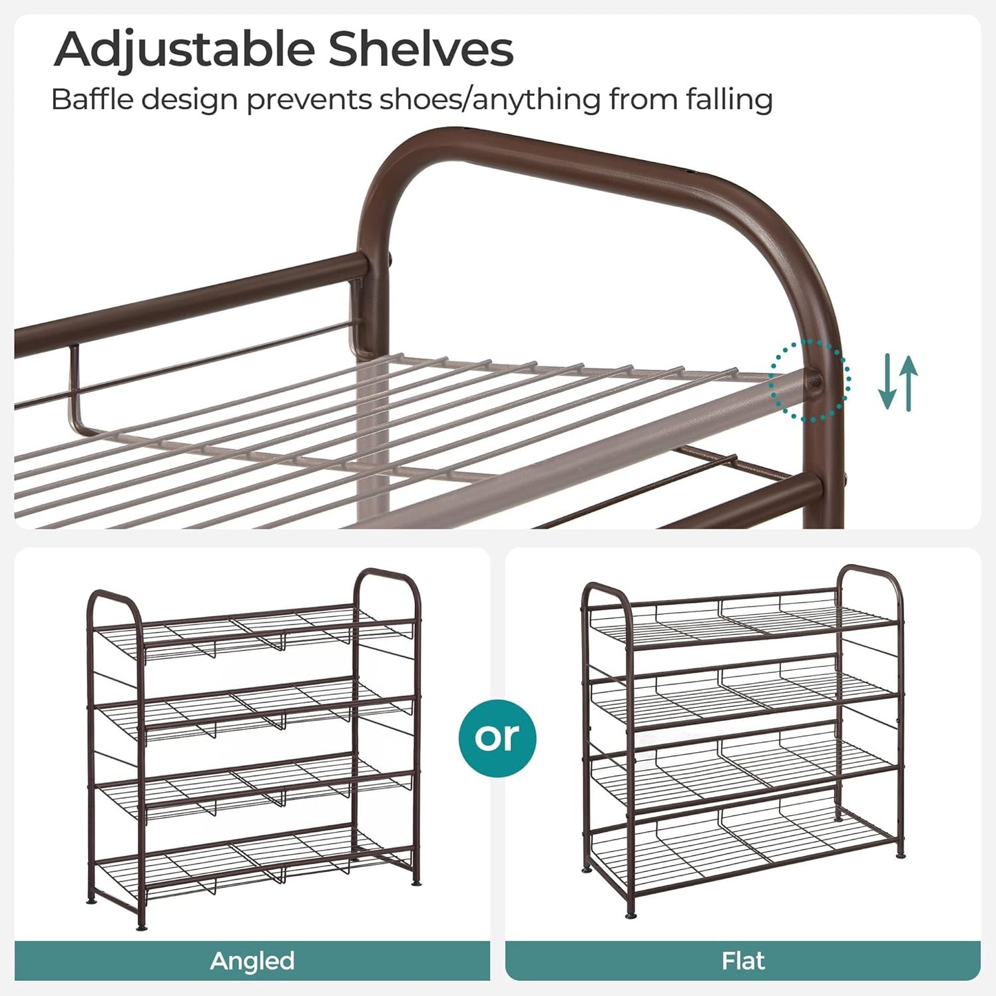SONGMICS 4-Tier Stackable Shoe Rack - Adjustable Metal Storage Shelf for 16 Pairs | Bronze Finish