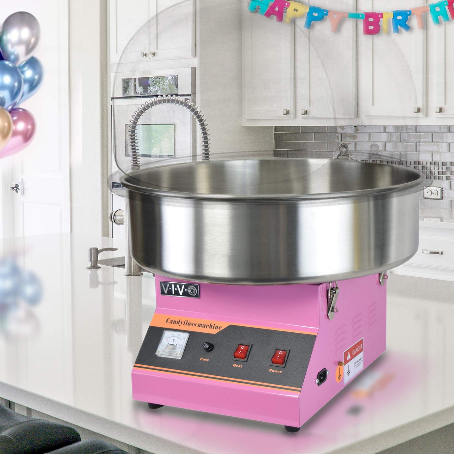 VIVO Pink 1030W Electric Cotton Candy Maker, Commercial Candy Floss Machine with 20 inch Stainless Steel Bowl, Includes Bubble Shield Cover and Sugar Scoop, Easy Home Use, CANDY-KIT-1