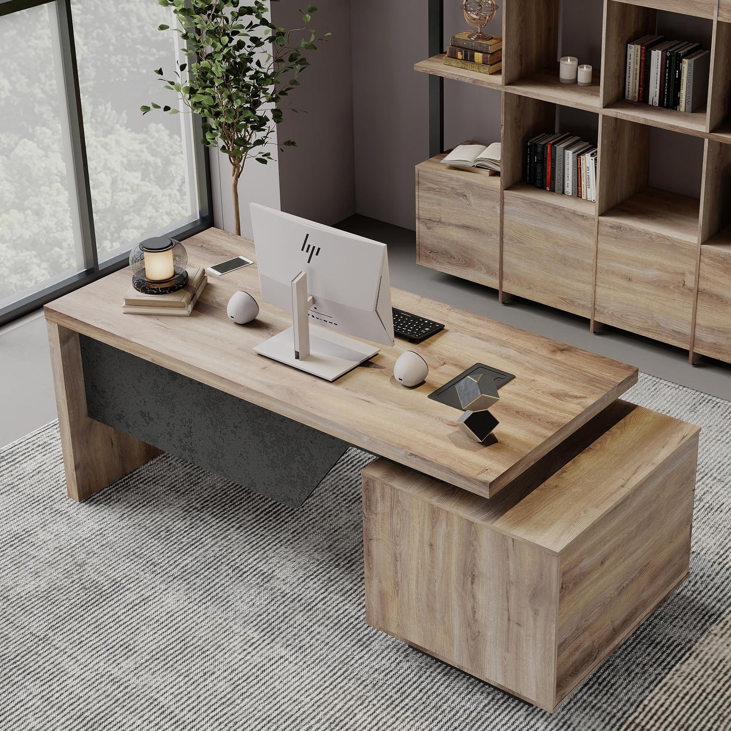 GT BLACK TURNSTONE Large Executive Desk 62.99" or 70.87", Modern Home Office Desk with 2 Drawers & Cable Management, Dual-Size Design Adapts to Any Layout for Home or Business (TH-X, Left)