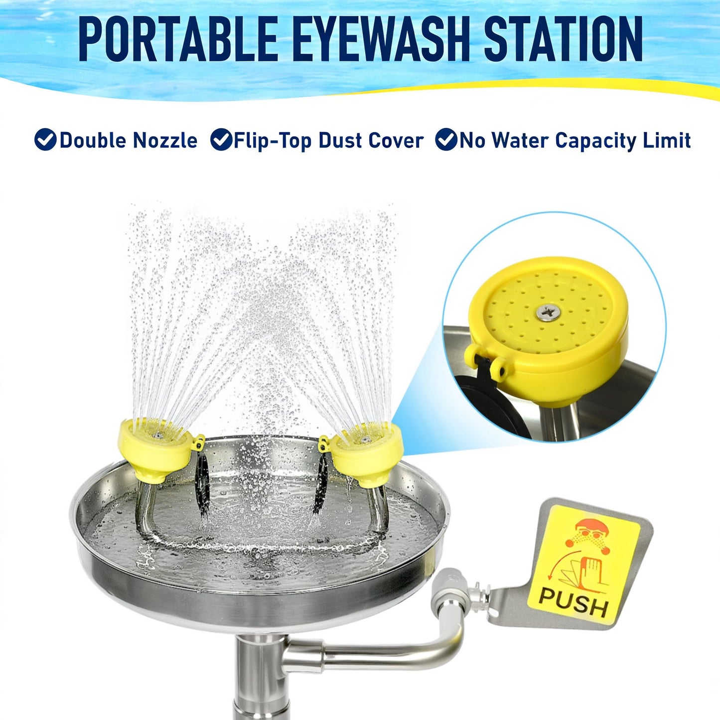 lukar Stand Up Eye Wash Station, Floor Mounted Eyewash Station, 304 Stainless Steel Eye Washing Station, Adjustable Water Flow Eye Wash Units with Dual Spray Head and Eye Wash Sign, NPT Threaded