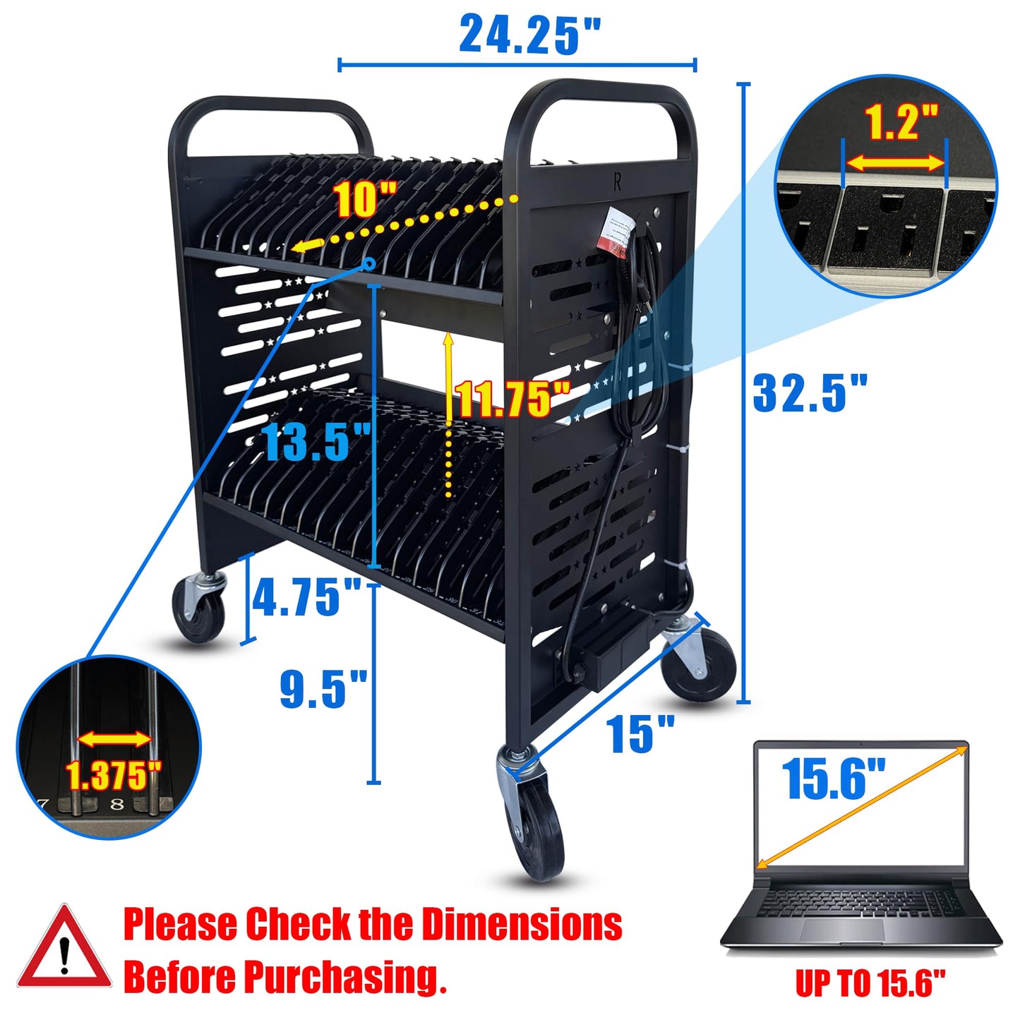 Plugsharge 32-Device Laptop & Tablet Charging Cart for Classroom, Mobile Chromebook Charging Station with Cable Management, Surge Protection, Locking Wheels & Device Storage for Schools & Offices