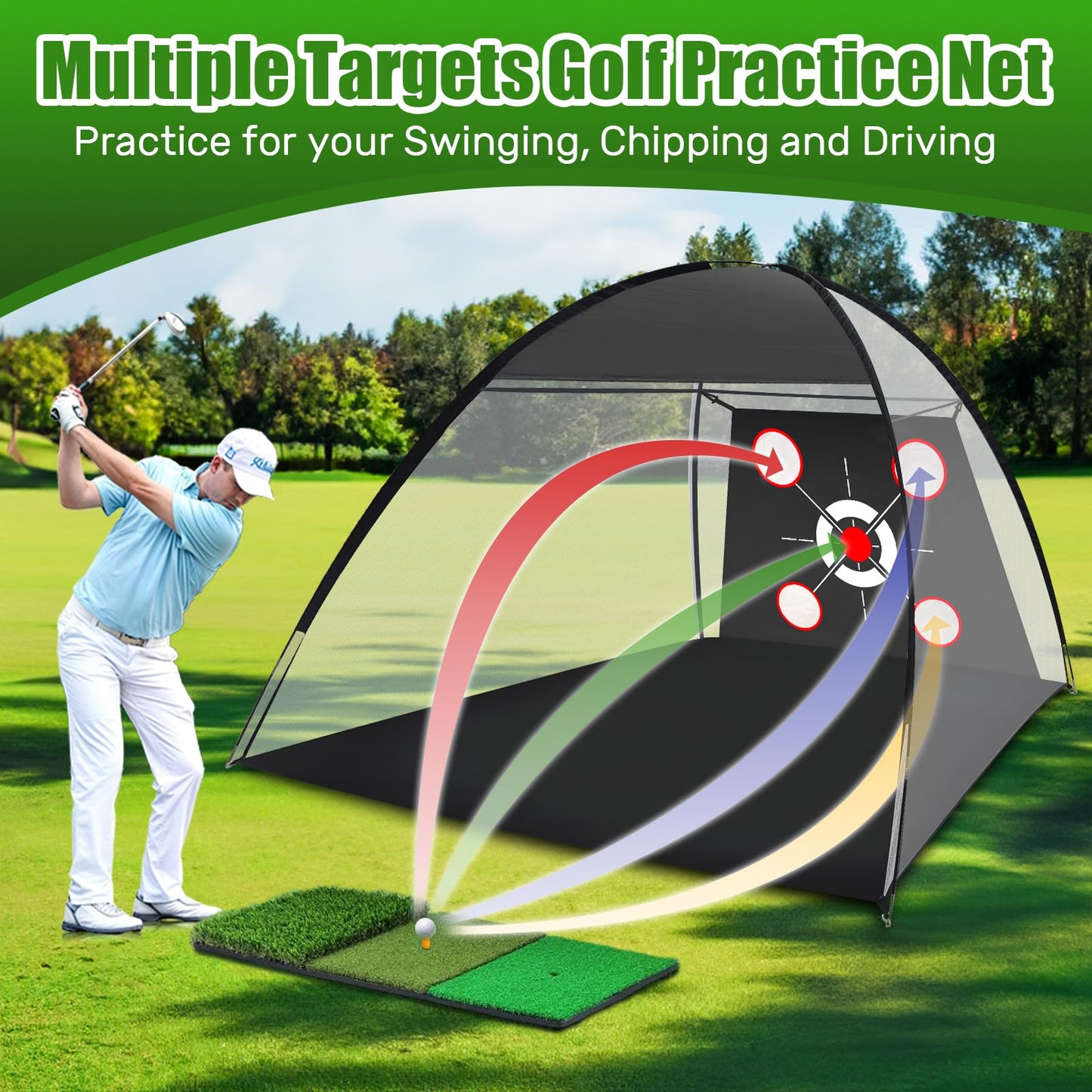 MFNMFN Golf Net with Practice Mat,Golf Hitting Aid Nets 10x7FT for Backyard Driving Chipping Training Swing,Gifts for Men Dad Him and Golfer