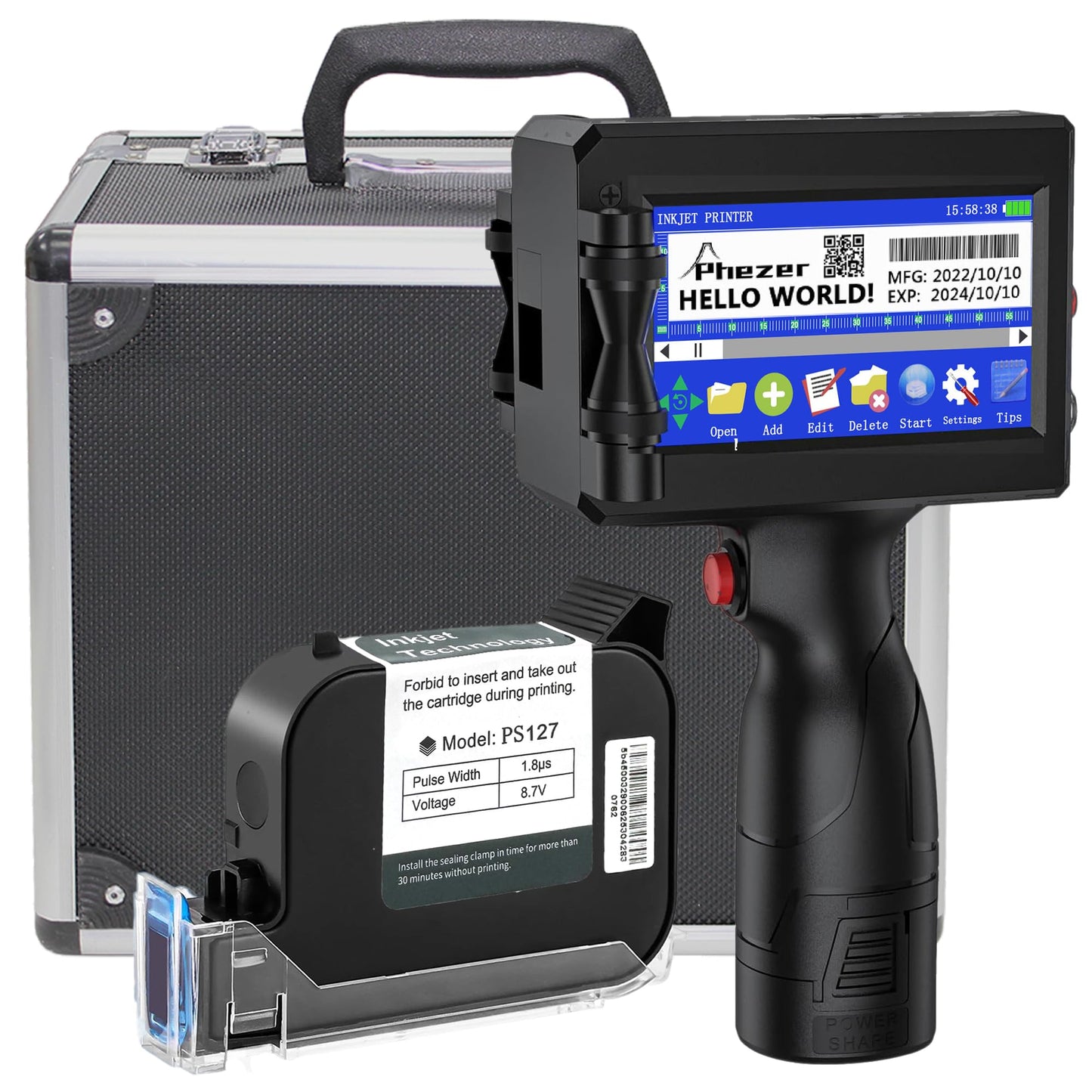 Phezer Handheld Inkjet Printer Gun P15U with PS127 Quick-Drying Ink Cartridge, 0.5inch Portable Handheld Printer for Text/Barcode/Logo/QR/Counter/Number/Date (with Suitcase)