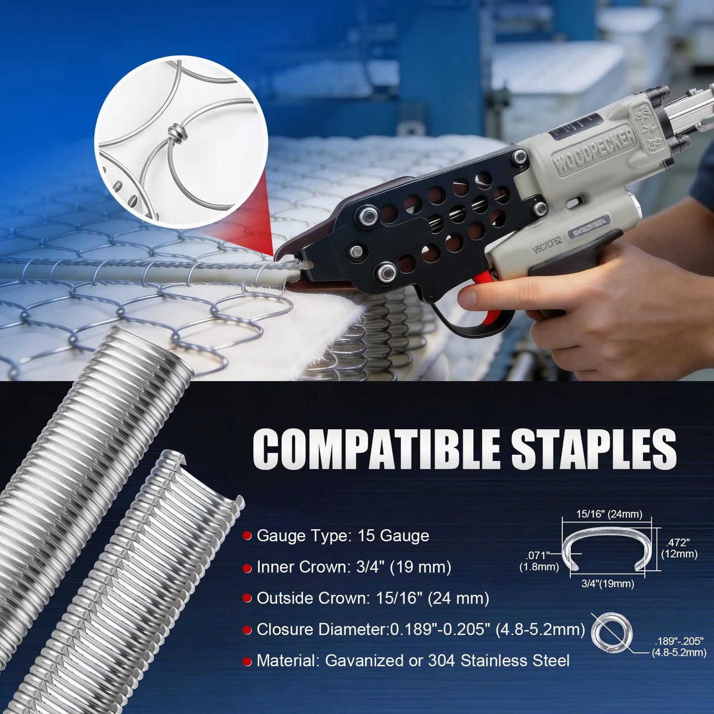 WOODPECKER V6C7CF52 3/4-Inch Pneumatic Hog Ring Gun 15 Gauge 0.205"-0.228" Closure Diameter with Stainless Steel Magazine, Air Hog Ring Plier for Fencing, Cages, Spring Mattress