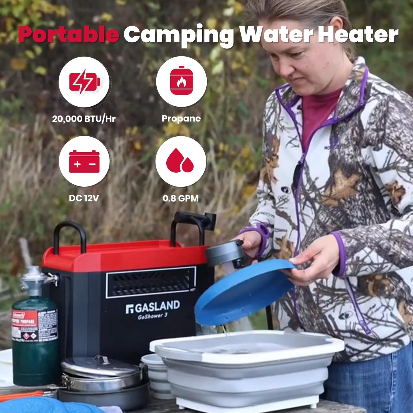 GASLAND Goshower G3 Pro 1lb Propane Portable Water Heater & Shower Pump, Instant Hot Water for Outdoor Camping, Hiking, Glamping & Vacationing, 4000mAh Rechargeable Shower System, CSA Certified