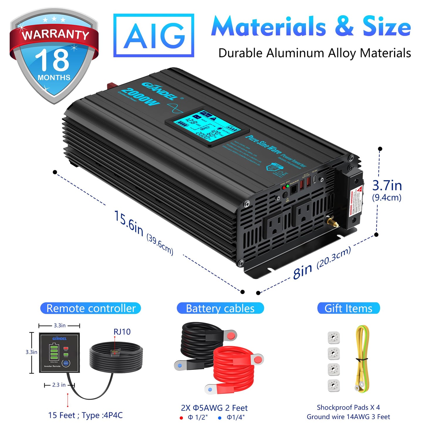 2000 Watt Pure Sine Wave Power Inverter 2000W 12V DC to 120 V AC Lithium Battery Compatible for RVs Off Grid Solar Boat Camper Starlinks System with 20Amps Hardwire Block and USB-C PD30W by GIANDEL