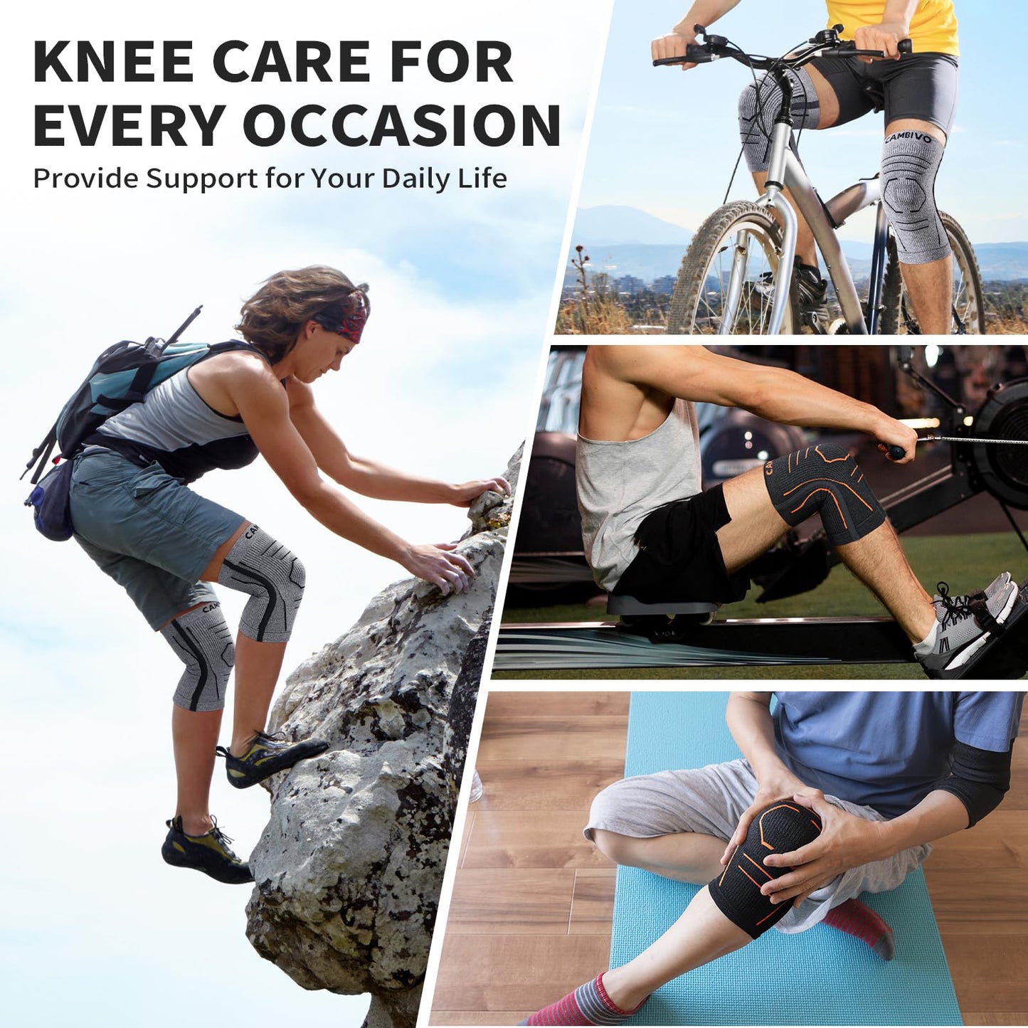 CAMBIVO 2 Pack Knee Brace for Women & Men, Latex Free & Silicone Free Compression Knee Sleeves with Side Stabilizers, Lightweight Knee Support for Arthritis, Meniscus, Walking, Running (Gray, Large)