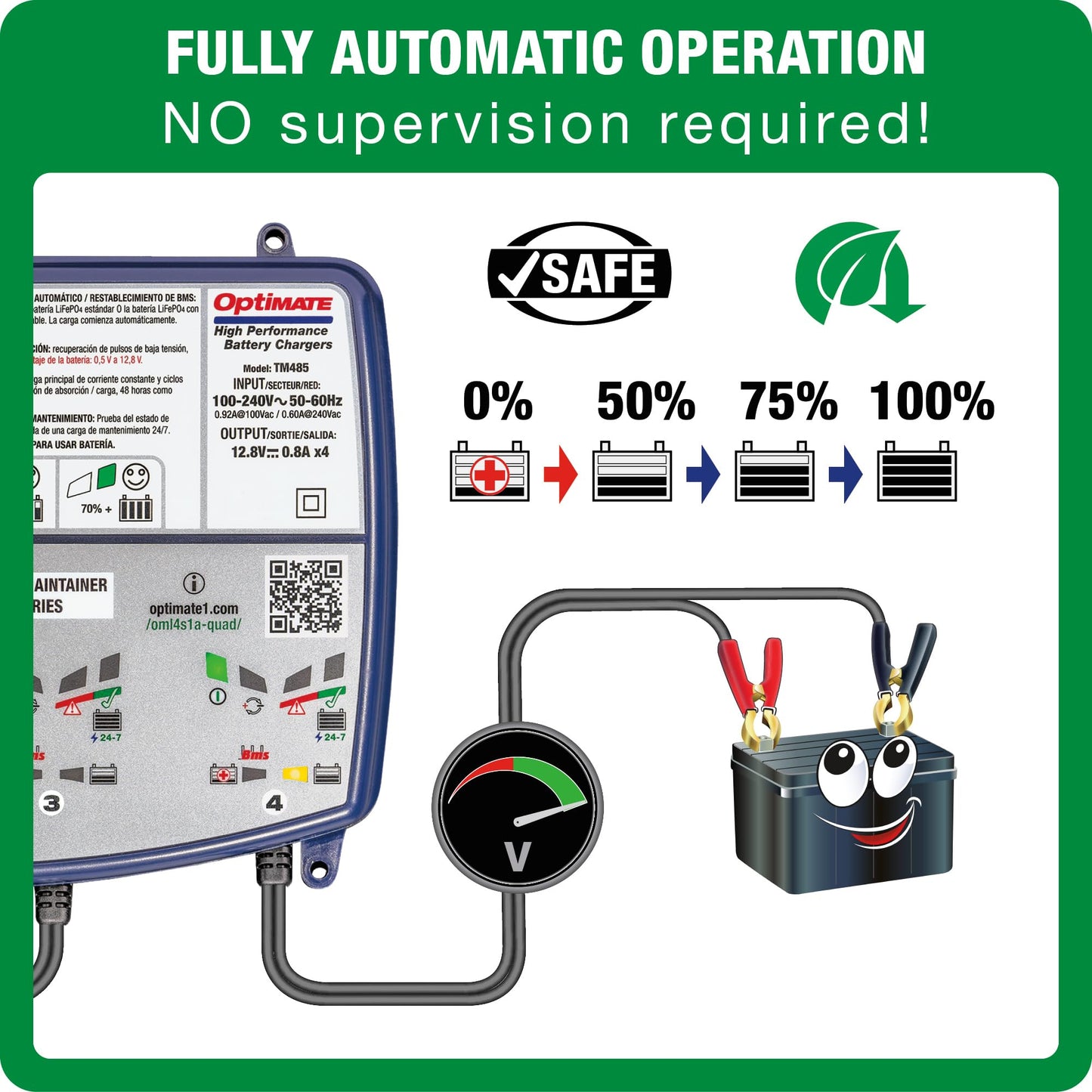 OptiMate Lithium 4s 0.8A Quad Bank, TM485, 8-Step 4x12.8V 0.8A Lithium Expert Battery Saving Charger & Maintainer
