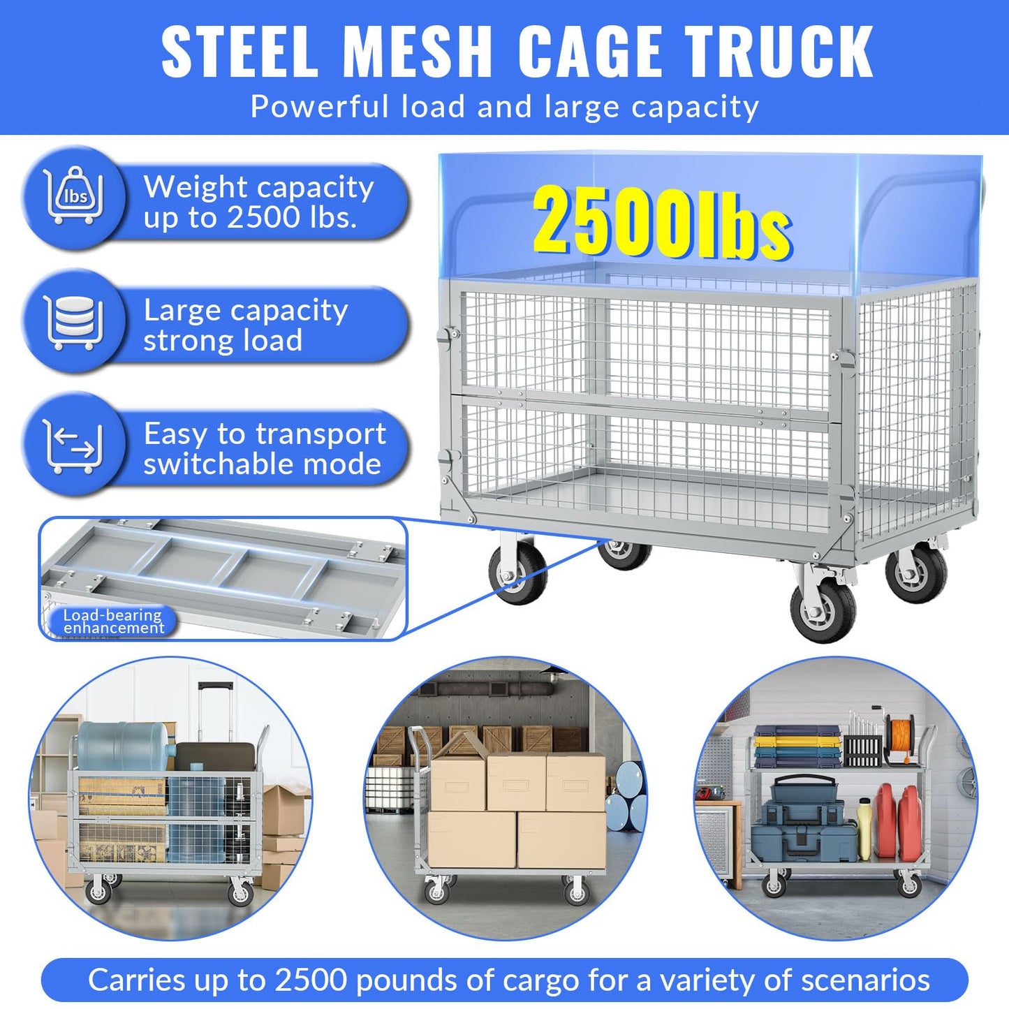 Platform Truck Cart with Cage, Multipurpose 5 in1Foldable Hand Truck, Heavy Duty Flatbed Cart, Load 2500LB with 4 Swivel Casters, Multi-Functional Push Cart for Grocery, Laundry, Shelving, Pantry