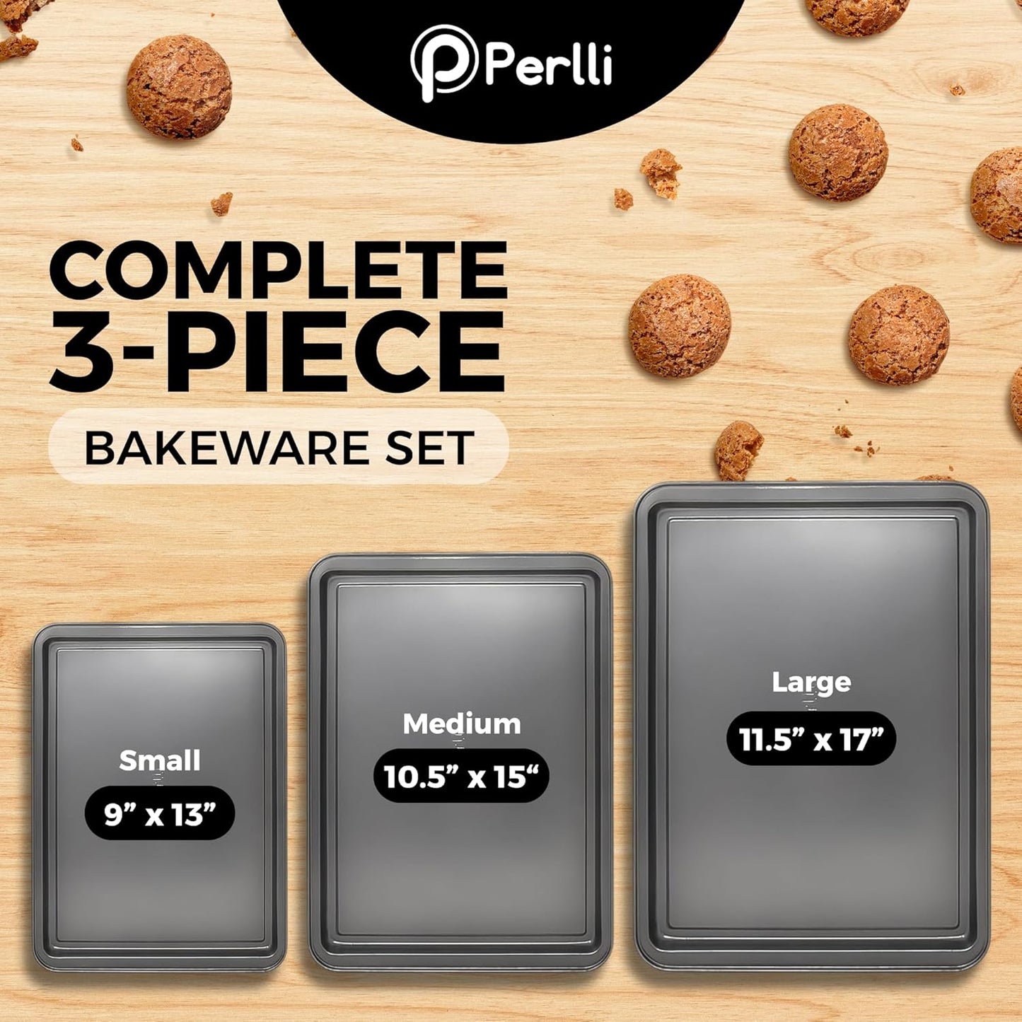 PERLLI Non-Stick Baking Pan Set - 3-Piece Carbon Steel for Even Heat Distribution | Oven Safe to 446°F, BPA-Free, Dishwasher Safe - Gray