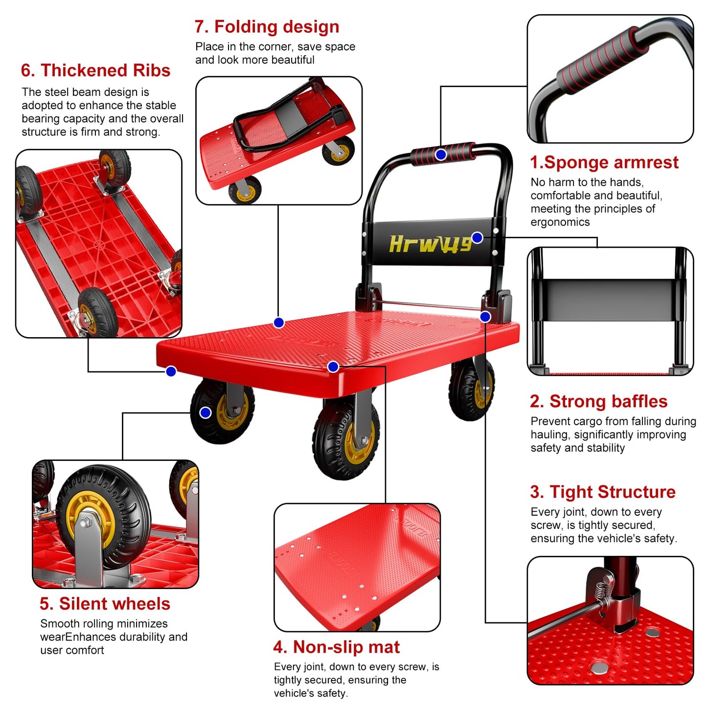 Hand Cart Dolly, Push Cart with 360 Swivel 5'' Wheels, 1200LBS Capacity, Dolly Cart with Wheels Warehouse Cart for Groceries, Garage, Warehouse - Red