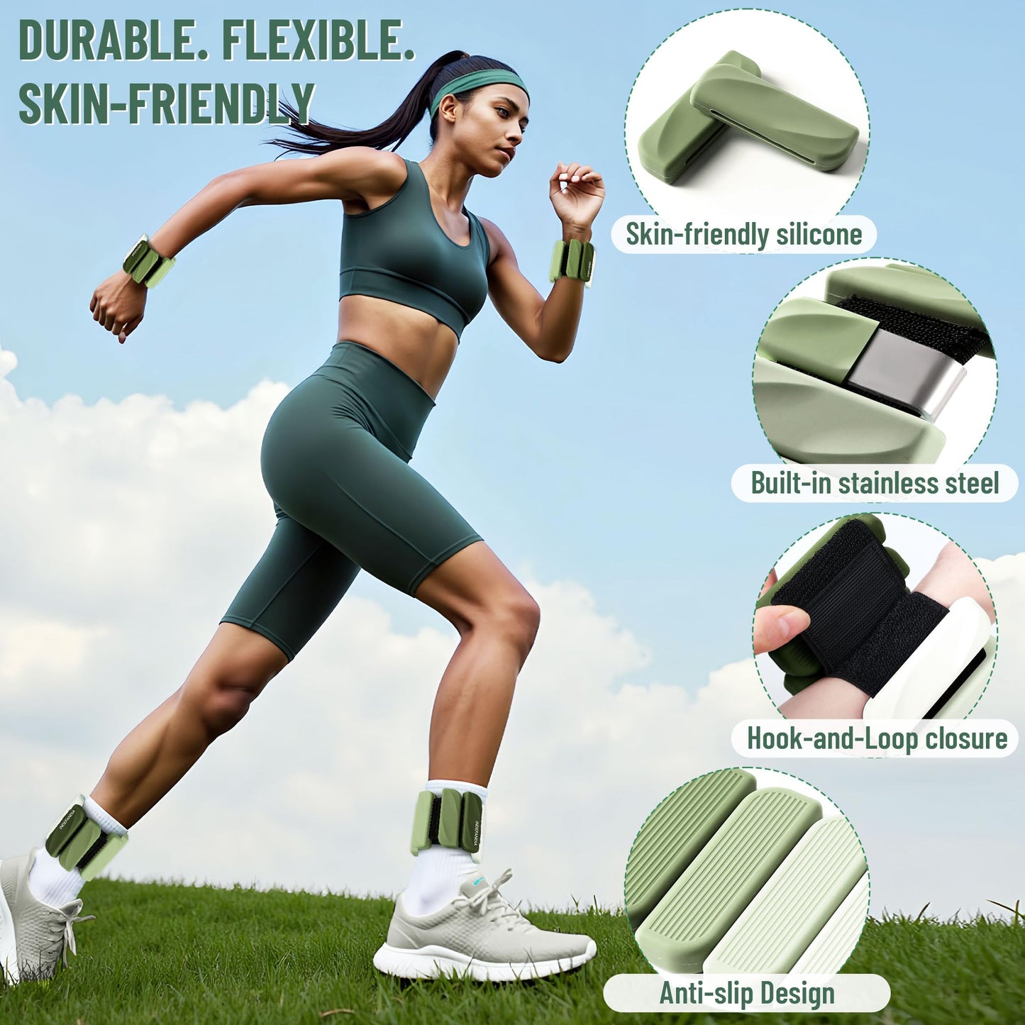 INDEPANDIA Wrist & Ankle Weights for Women and Men, 2lbs Pair Adjustable Silicone Weighted Bangles for Arm & Leg Workouts, Perfect for Pilates, Yoga, Walking & Home Fitness Training, Gradient Green