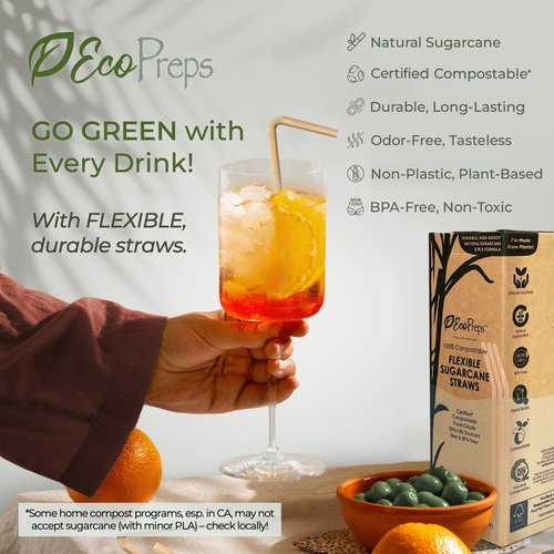 EcoPreps Flexible Biodegradable Sugarcane Straws, 120 Count | 100% Compostable, Plastic-Free, Eco-Friendly Drinking Straws for Cold Drinks | 7.8'' Bendable, Disposable Sugarcane Fiber Straw (120 PCS)