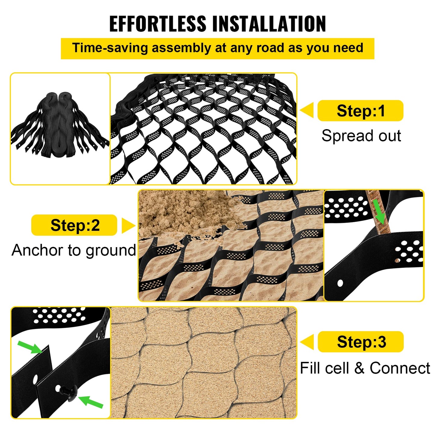 VEVOR Ground Grid 25 ft x 9.5 ft, 1885 lbs per Sq Ft Load Geo Grid, 3" Depth Permeable Stabilization System for DIY Patio, Walkway, Shed Base, Light Vehicle Driveway, Parking Lot, Grass, and Gravel