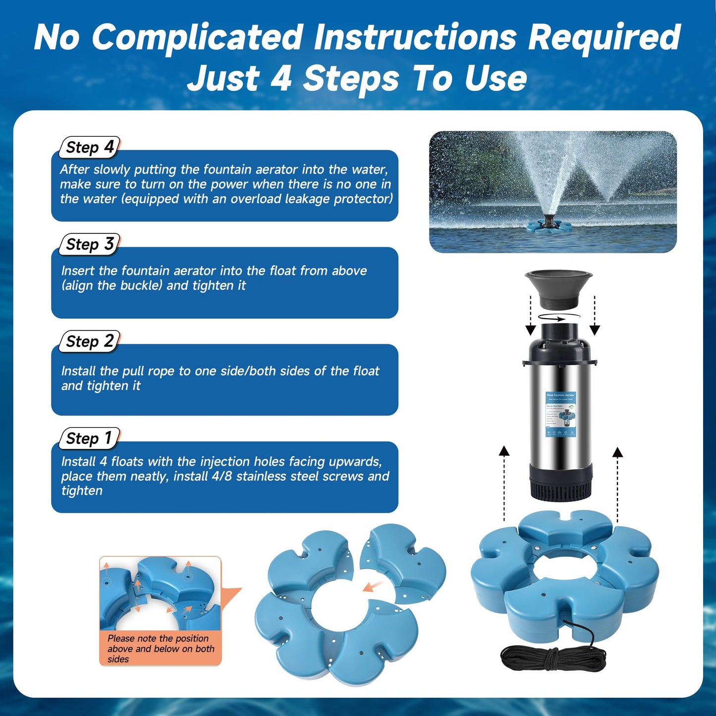 RELIY Pond Fountain Aerator, 15000 GPH 110V 1HP Fountain Pump, Fully Automatic Powerful Lake Floating Fountain, 100 FT Power Cord, 2x100 FT Traction Rope, Pond Fountains For Large Ponds